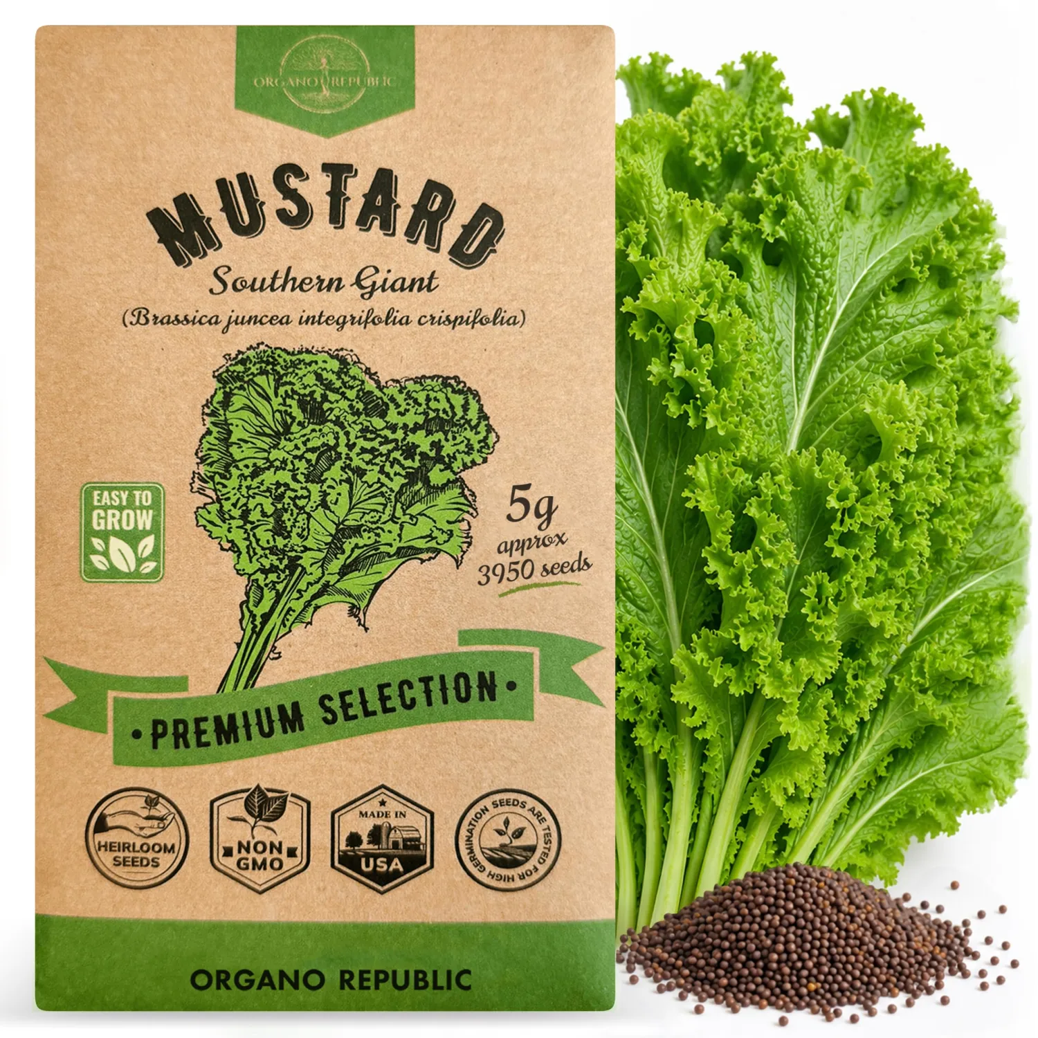 Mustard Southern Giant Seeds Pack 5 G - Over 3,950 Non-GMO Heirloom Mustard Seeds for Planting Greens in Individual Seed Packet, Greens Seeds for Planting Home Garden Indoor & Outdoor