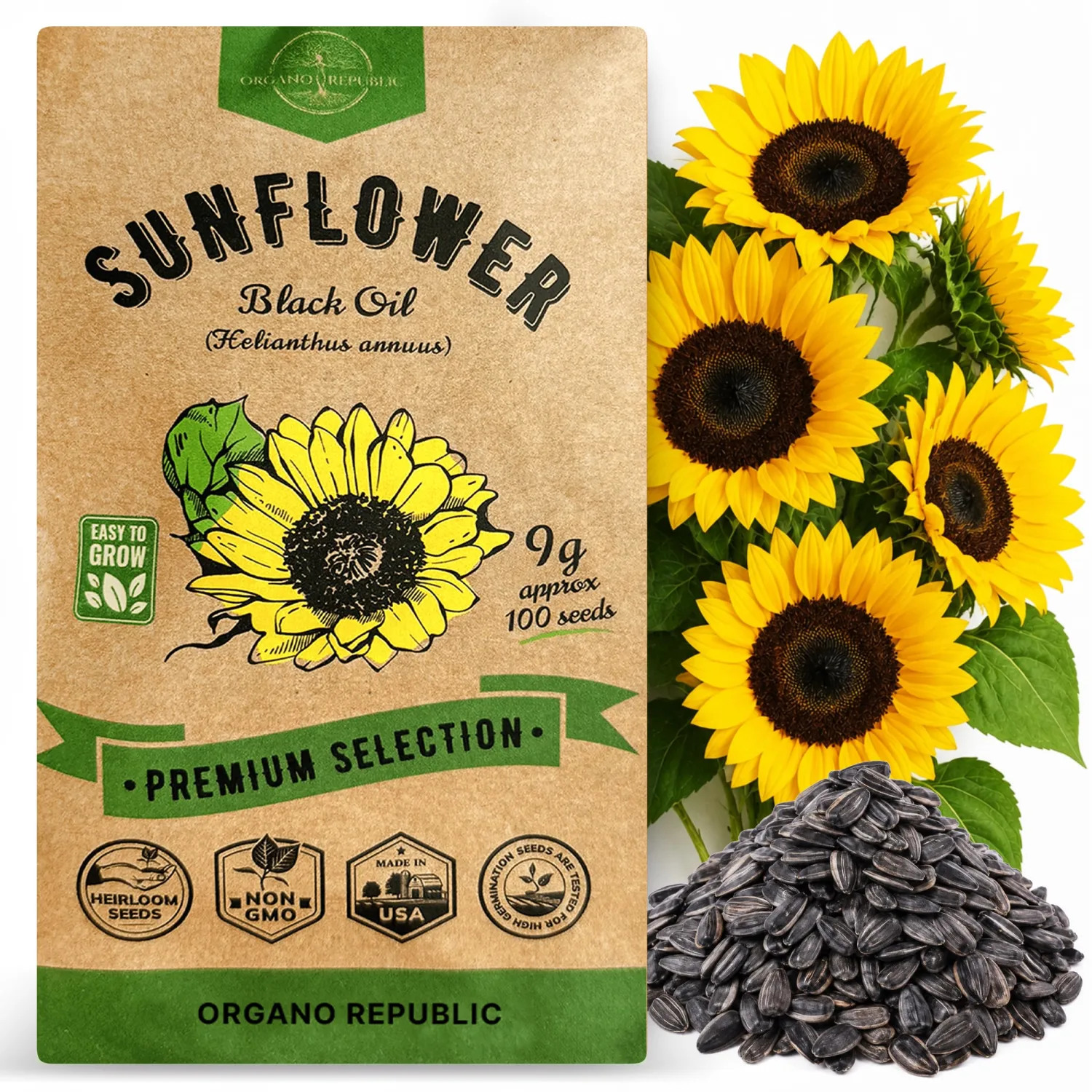 Sunflower Black Oil Seeds Pack 9G - Over 100 of Non-GMO Heirloom Sunflower Seeds for Planting Vegetables in Individual Seed Packet, Vegetable Seeds for Planting Indoor & Outdoor Garden