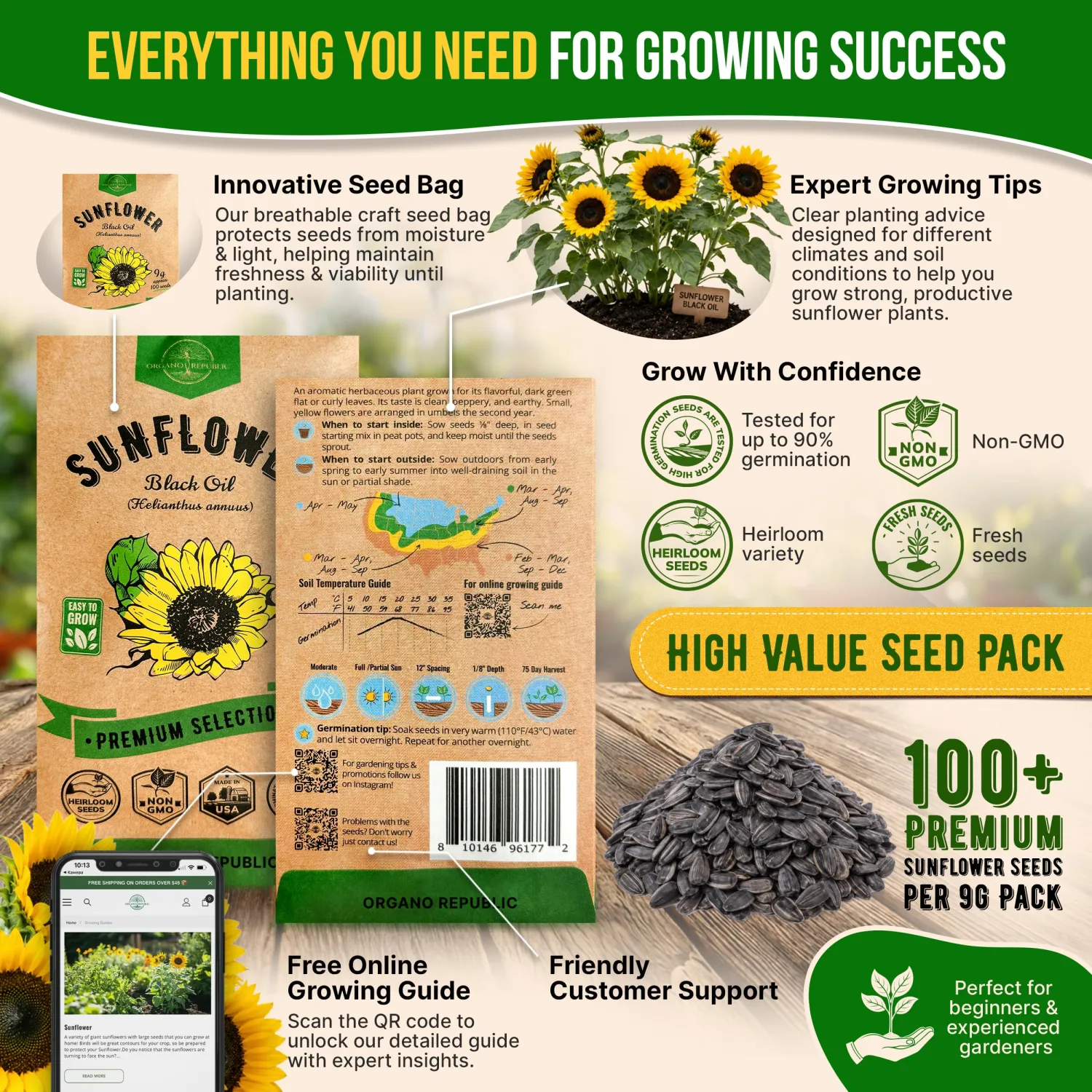 Sunflower Black Oil Seeds Pack 9G - Over 100 of Non-GMO Heirloom Sunflower Seeds for Planting Vegetables in Individual Seed Packet, Vegetable Seeds for Planting Indoor & Outdoor Garden