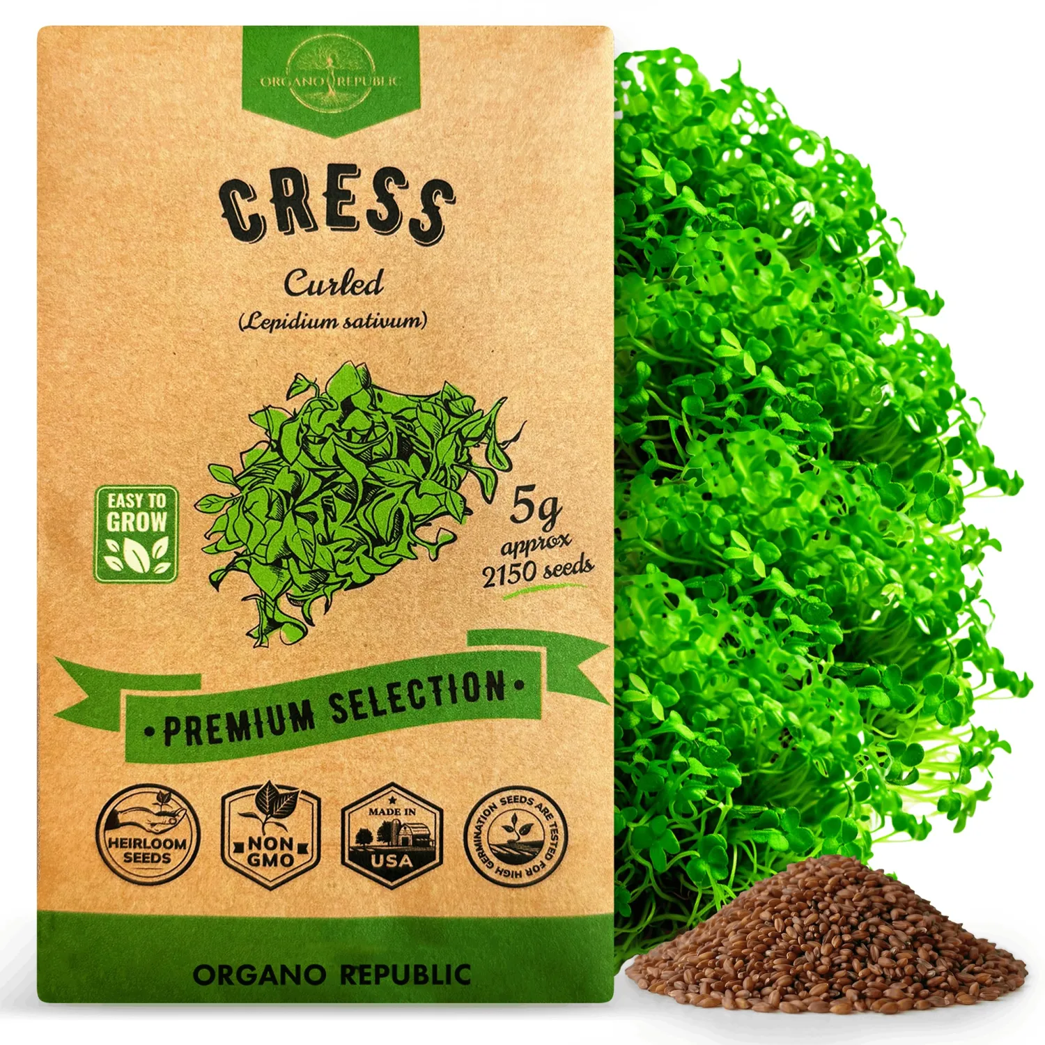 Curled Cress Seeds Pack 5G - Over 2,150 Non-GMO Heirloom Cress Seeds for Planting Greens in Individual Seed Packet, Greens Seeds for Planting Home Garden Indoor & Outdoor Gardening