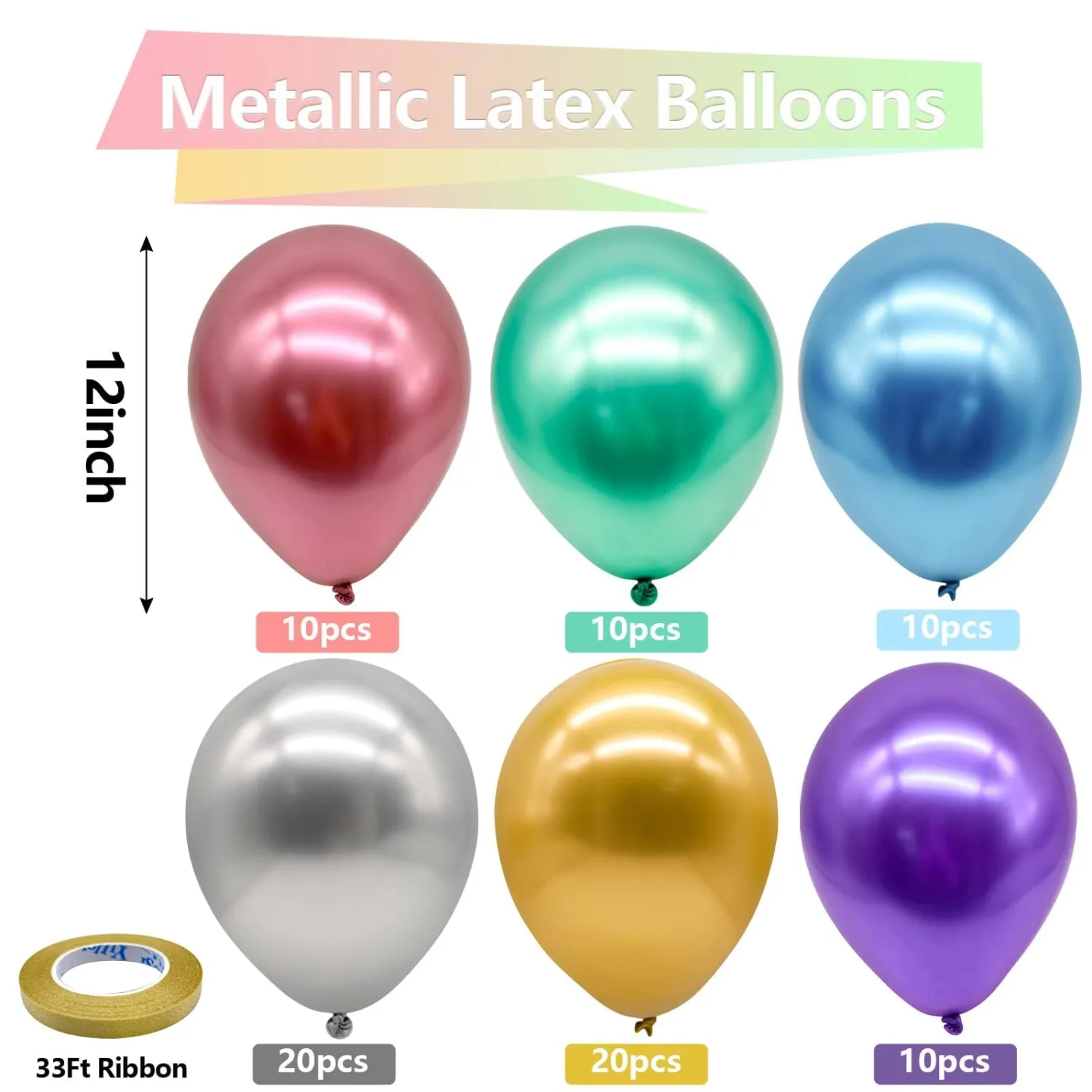 Metallic Chrome Colorful Latex Balloons 100 Pack 12 inch | Assorted Party Balloons for Birthday Bridal Shower Wedding Decorations