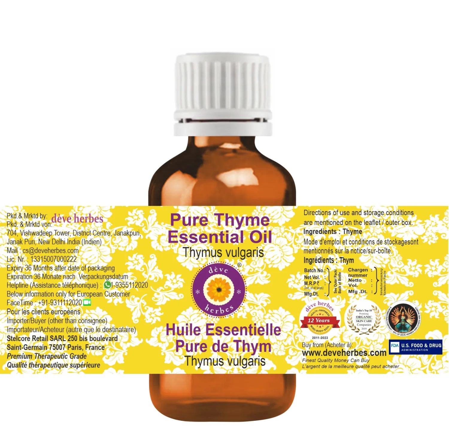 Deve Herbes Pure Thyme Essential Oil (Thymus vulgaris) Steam Distilled 5ml (0.16 oz)