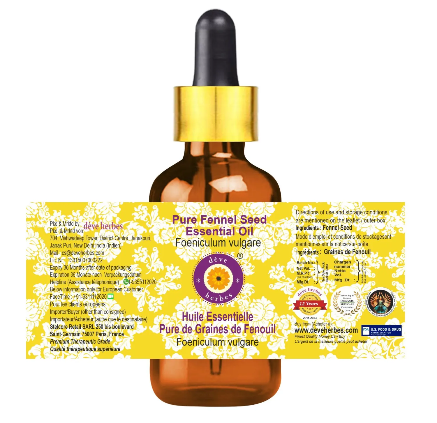 Deve Herbes Pure Fennel Seed Essential Oil (Foeniculum vulgare) with Glass Dropper Steam Distilled 50ml (1.69 oz)