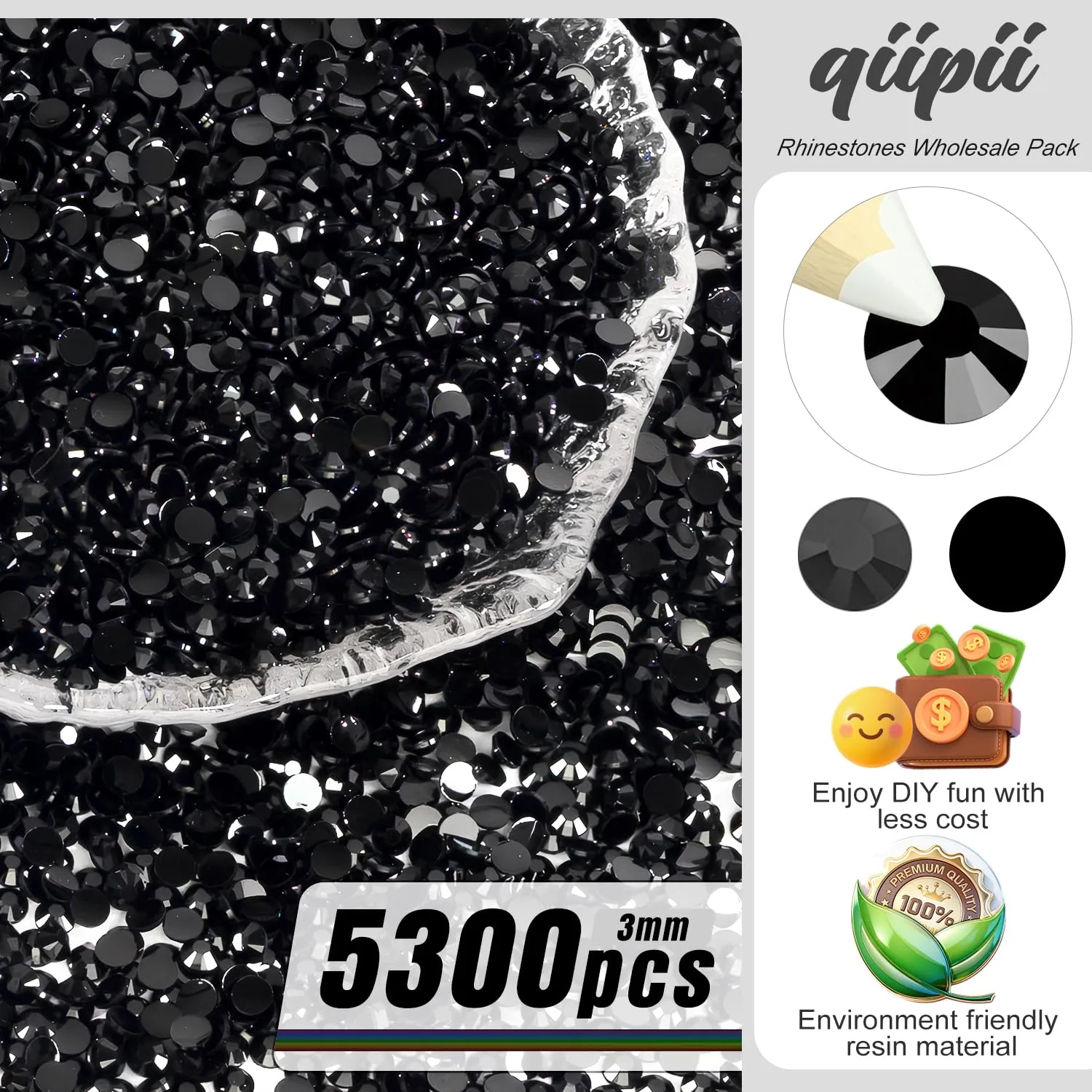 qiipii 5300PCS 3mm Small Solid Black Resin Rhinestones Bulk for Bedazzling Crafting SS10 Pure Black Flat Back Jelly Stones Non-Hotfix Diamonds Gems Charms for Nails Face Eyes Makeup DIY Beauty Crafts