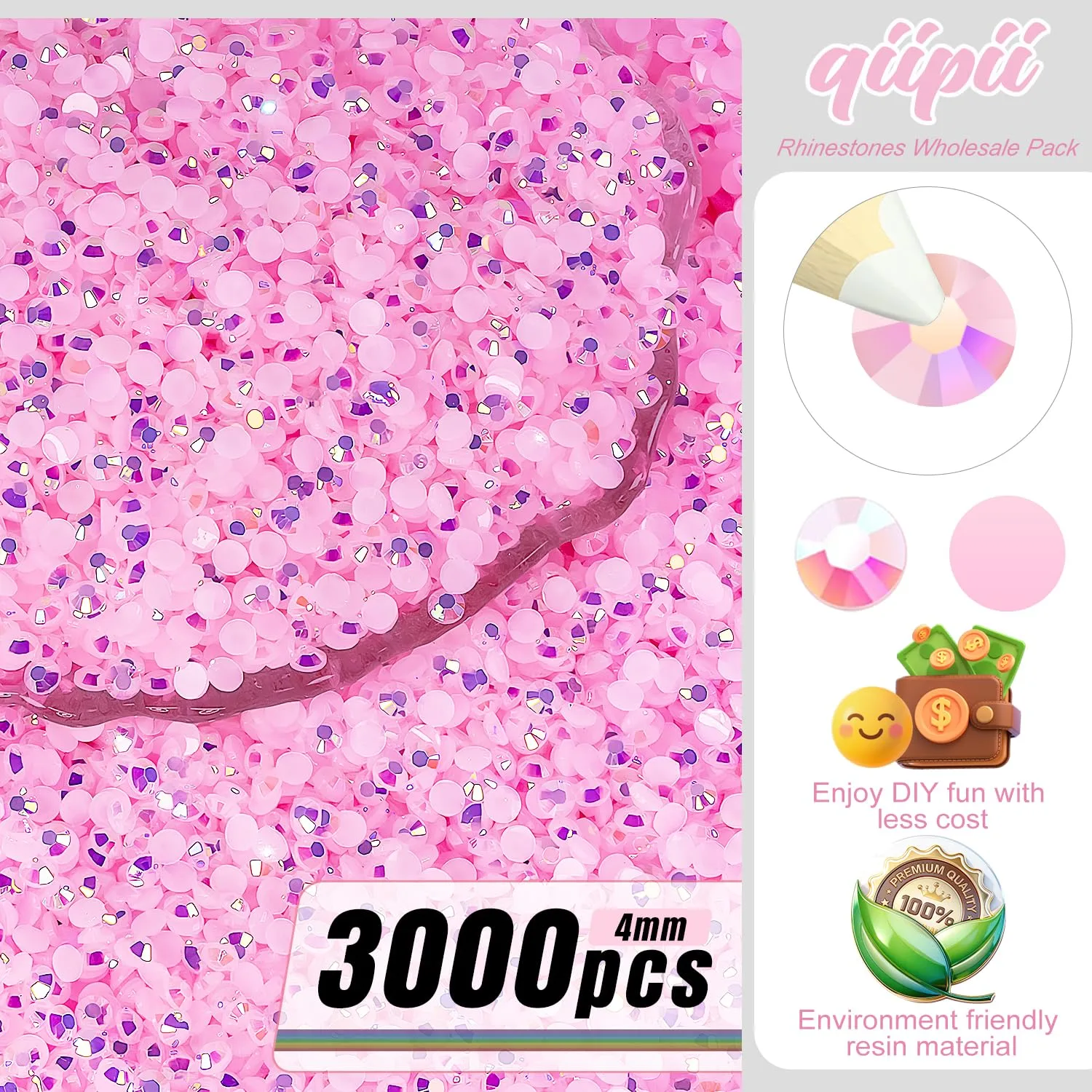 qiipii 3000PCS 4mm Light Pink AB Resin Rhinestones Pink AB Flatback Jelly Stones Bulk SS16 Non-Hotfix Diamonds Gems Charm Supplies for Nails Face Eye Makeup Body Tumblers DIY Crafts Decor Clothes