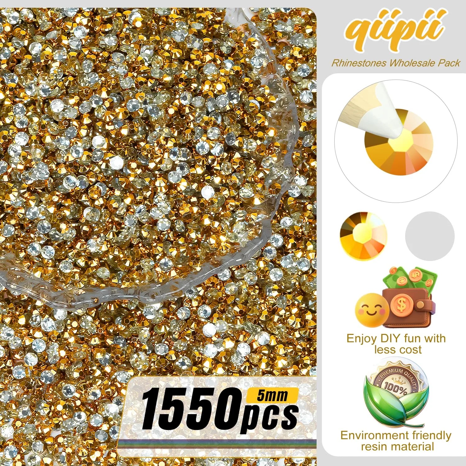 qiipii 1550PCS 5mm Golden Yellow Resin Rhinestones Gold Yellow Flatback Jelly Resin Stones Bulk SS20 Diamonds Gems Charms Supplies for Nails Face Eyes Makeup Tumblers Bottles DIY Crafts Shoes Clothes