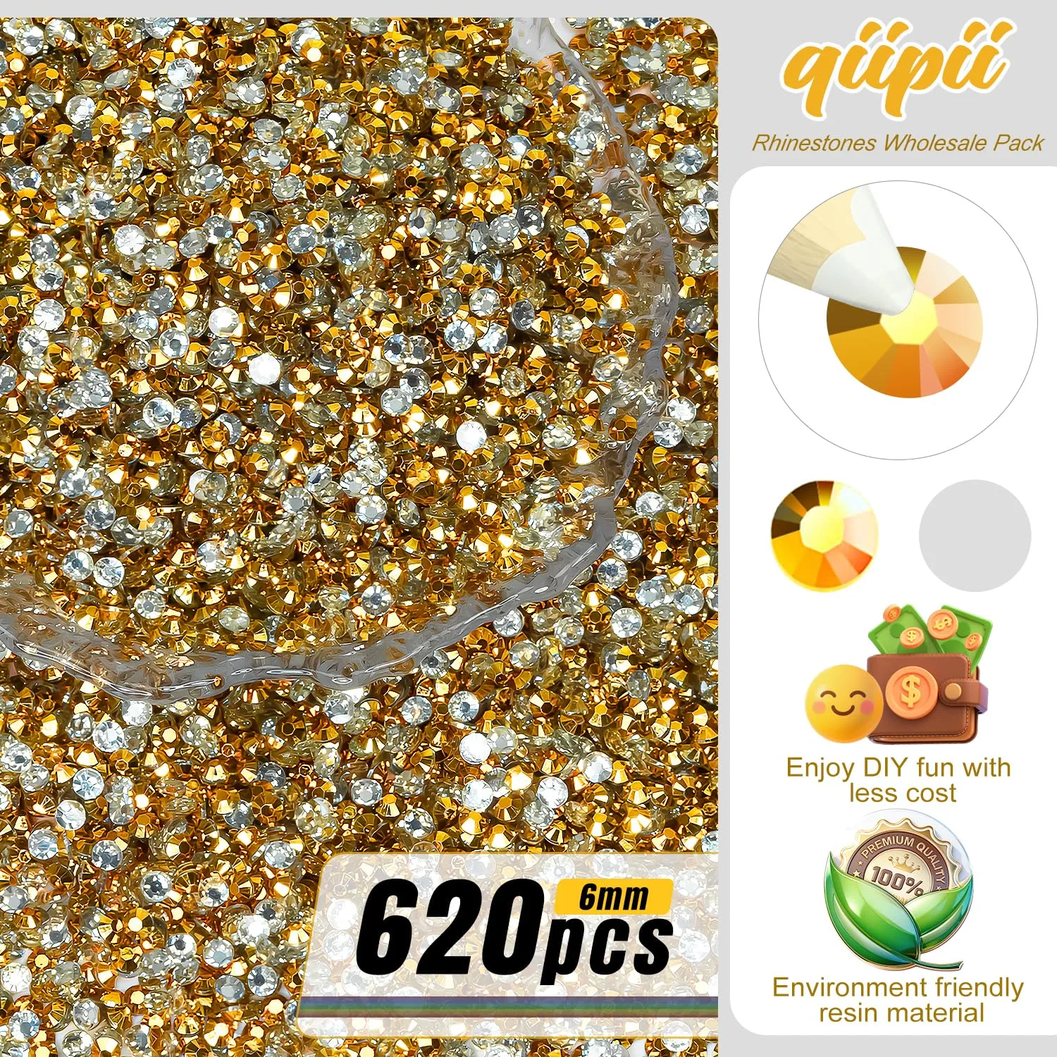 qiipii 620PCS 6mm Golden Yellow Resin Rhinestones Gold Yellow Flatback Jelly Resin Stones Bulk SS30 Diamonds Gems Charms Supplies for Nails Face Eyes Makeup Tumblers Bottles DIY Crafts Shoes Clothes