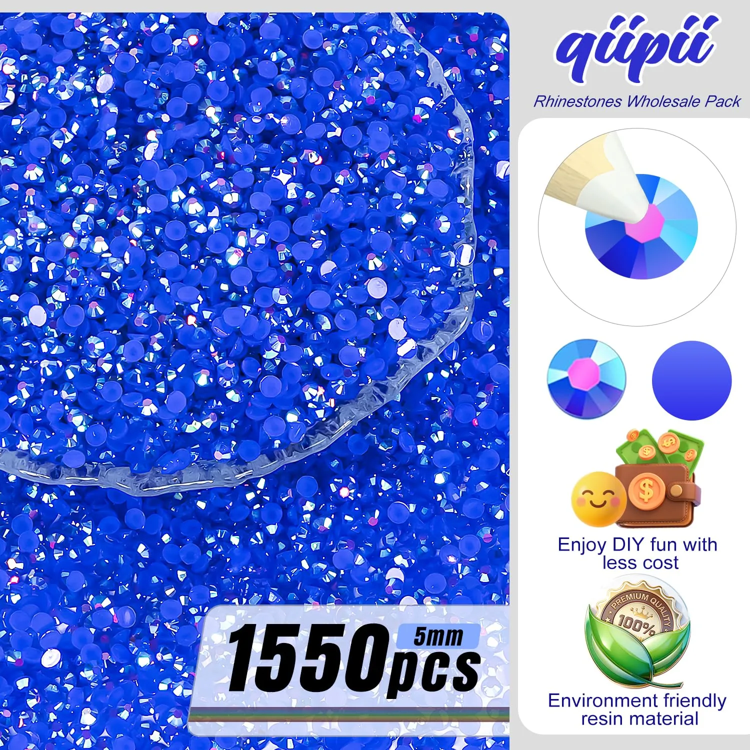 qiipii 1550PCS 5mm Royal Blue AB Resin Rhinestones Dark Blue AB Flatback Jelly Resin Stones Bulk SS20 Non-Hotfix Diamonds Gems Charms for Nails Face Eyes Makeup Tumblers Bottles DIY Crafts Decor Shoes