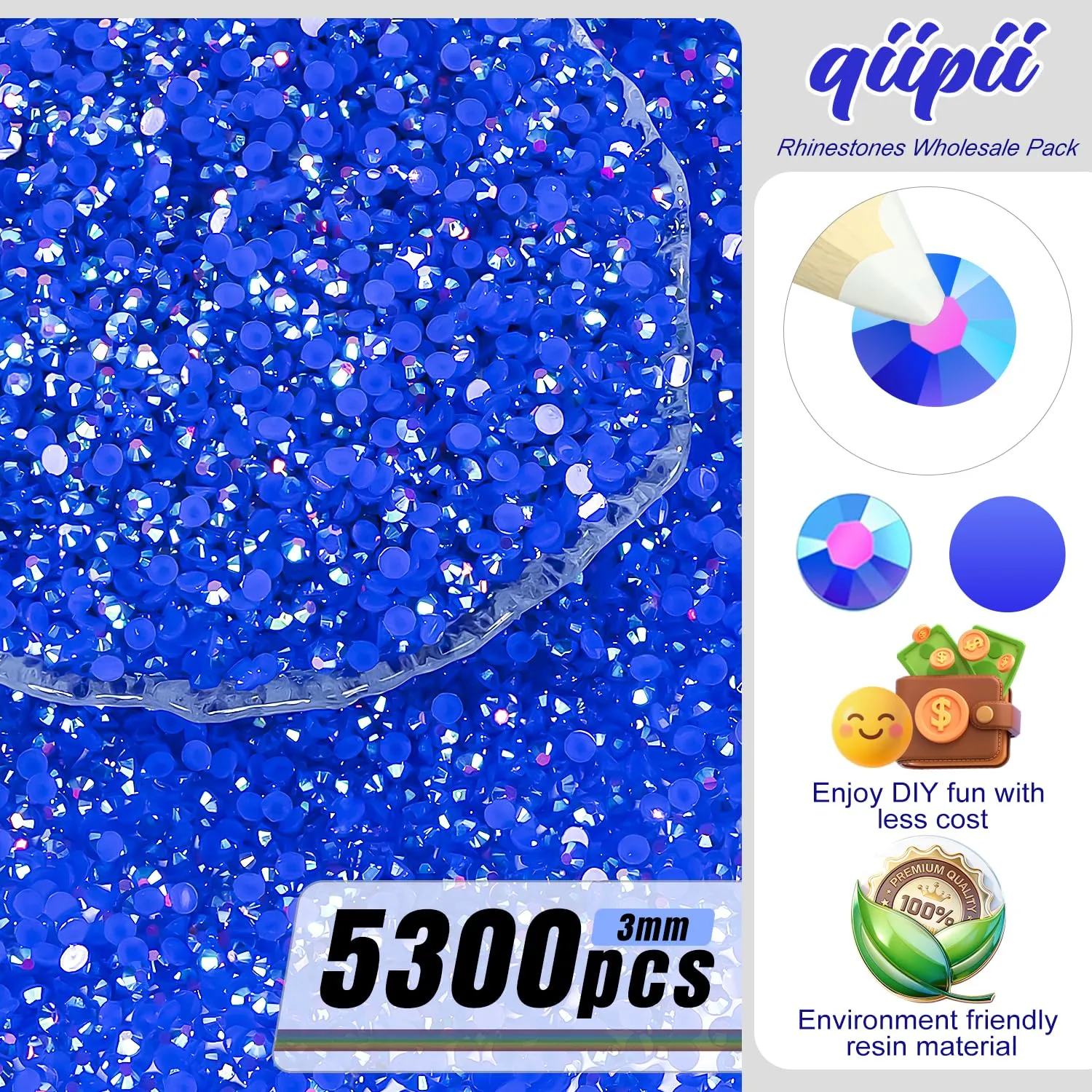 qiipii 5300PCS 3mm Royal Blue AB Resin Rhinestones Bulk Dark Blue Flatback Jelly Resin Stones Pack SS10 Non-Hotfix Diamonds Gems Charms for Nails Face Eyes Makeup Mugs Tumblers DIY Crafts Decor Shoes