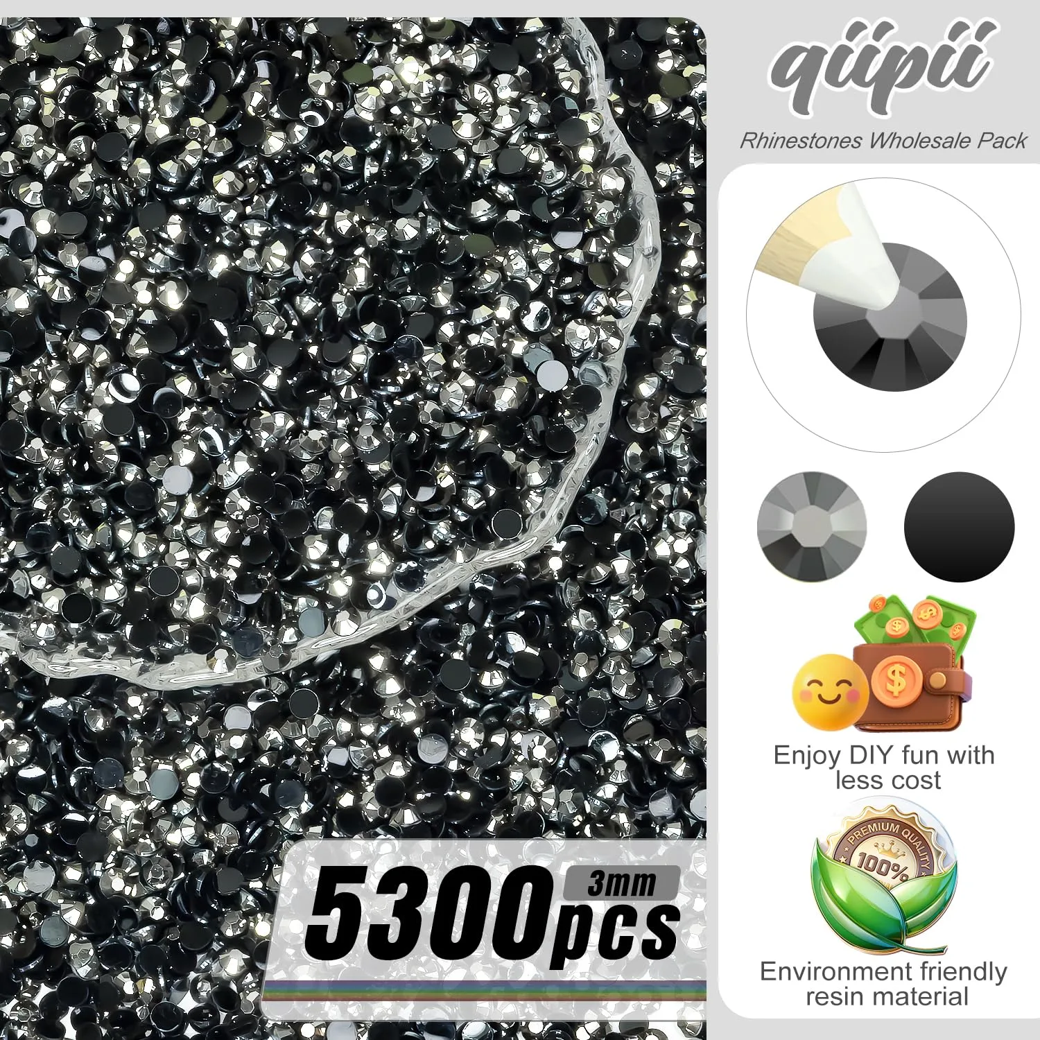 qiipii 5300PCS 3mm Metallic Gray Resin Rhinestones for Crafting Flatback Mine Grey Stones Bulk SS10 Non-Hotfix Diamonds Crystals Gems Charms for Nails Face Eyes Makeup Mugs Tumblers Bottles DIY Crafts