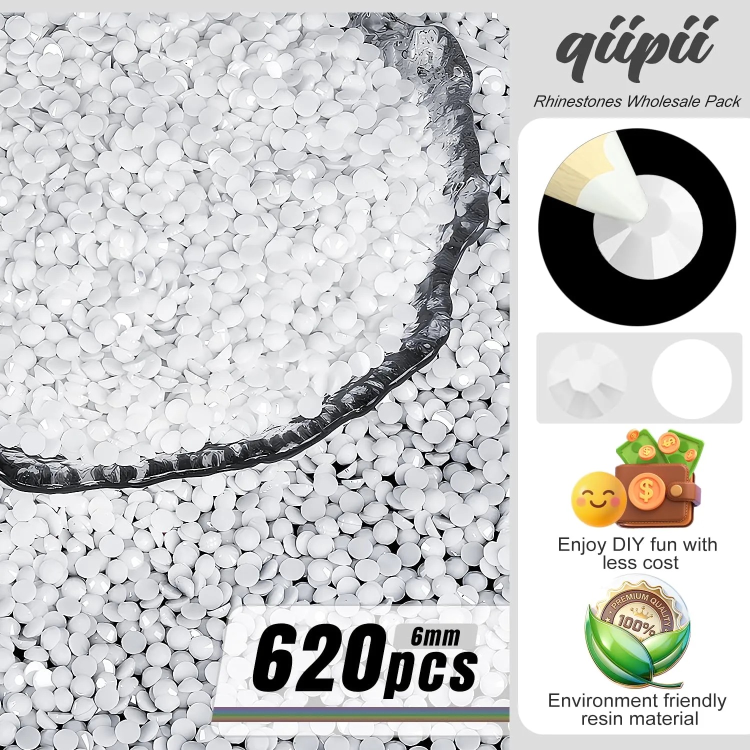 qiipii 620PCS 6mm White Resin Rhinestones for Crafting Pure White Flatback Jelly Resin Stones Bulk SS30 Non-Hotfix Diamonds Gems Charms for Nails Face Eyes Makeup Body Mugs Tumblers Bottles DIY Crafts