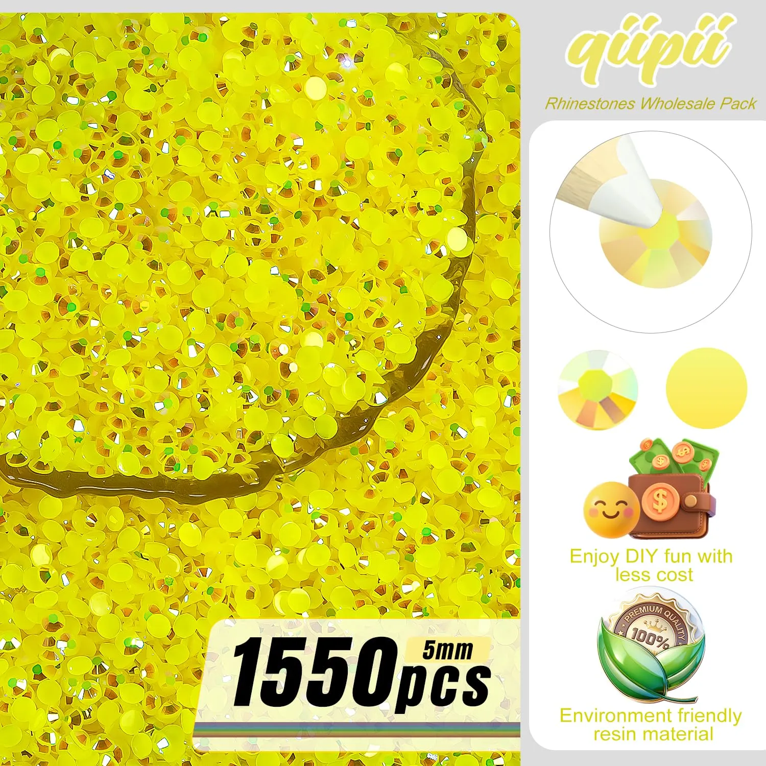 qiipii 1550PCS 5mm Lemon Yellow AB Resin Rhinestones Citrine AB Flatback Jelly Resin Stones Bulk SS20 Non-Hotfix Diamonds Gems for Nails Face Eyes Makeup Body Tumblers Bottles DIY Crafts Shoes Clothes