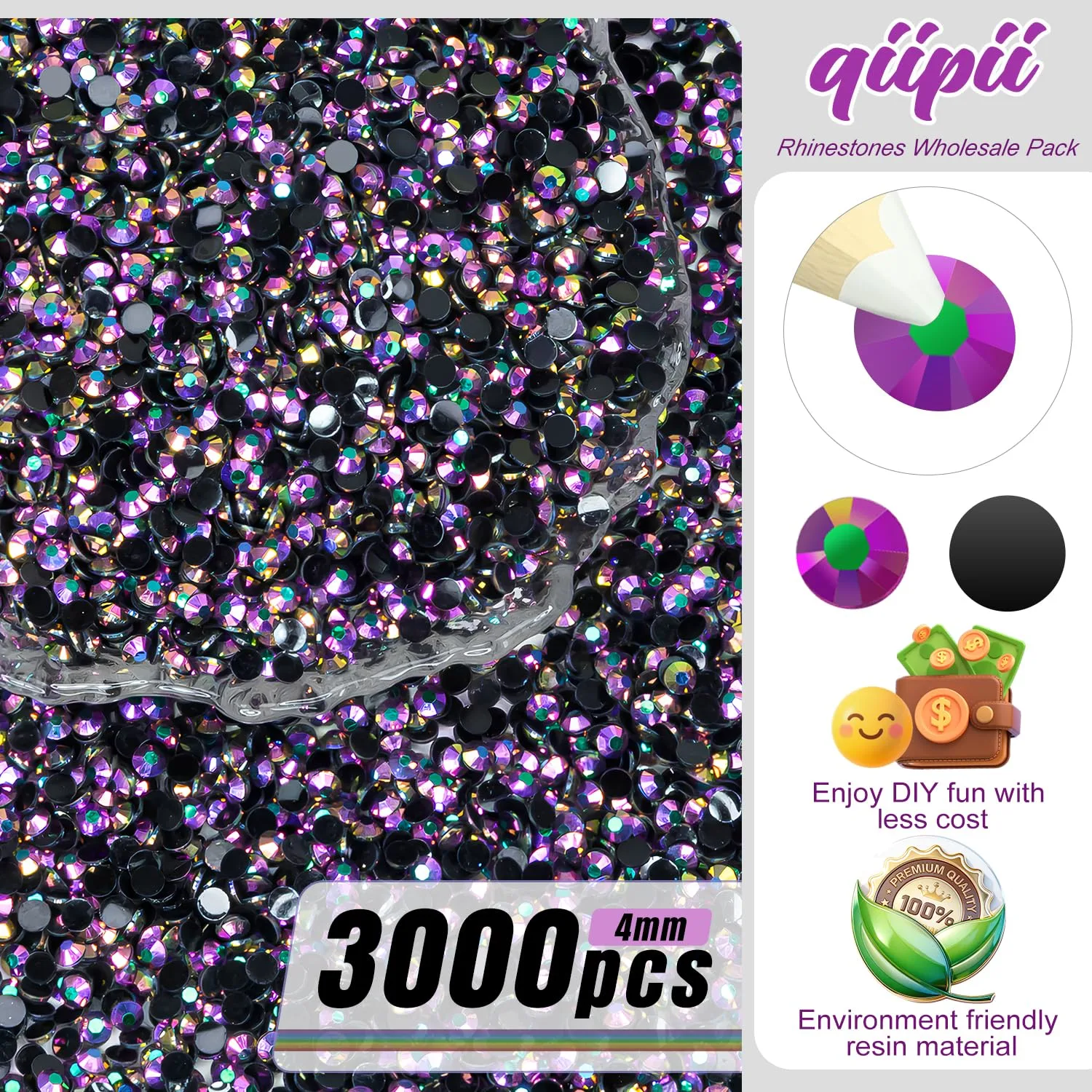 qiipii 3000PCS 4mm Vibrant Purple AB Resin Rhinestones for Crafting Colorful Purple Flatback Jelly Stones Bulk SS16 Diamonds Gems Charms for Nails Face Eyes Makeup Tumblers Bottles DIY Crafts Shoes