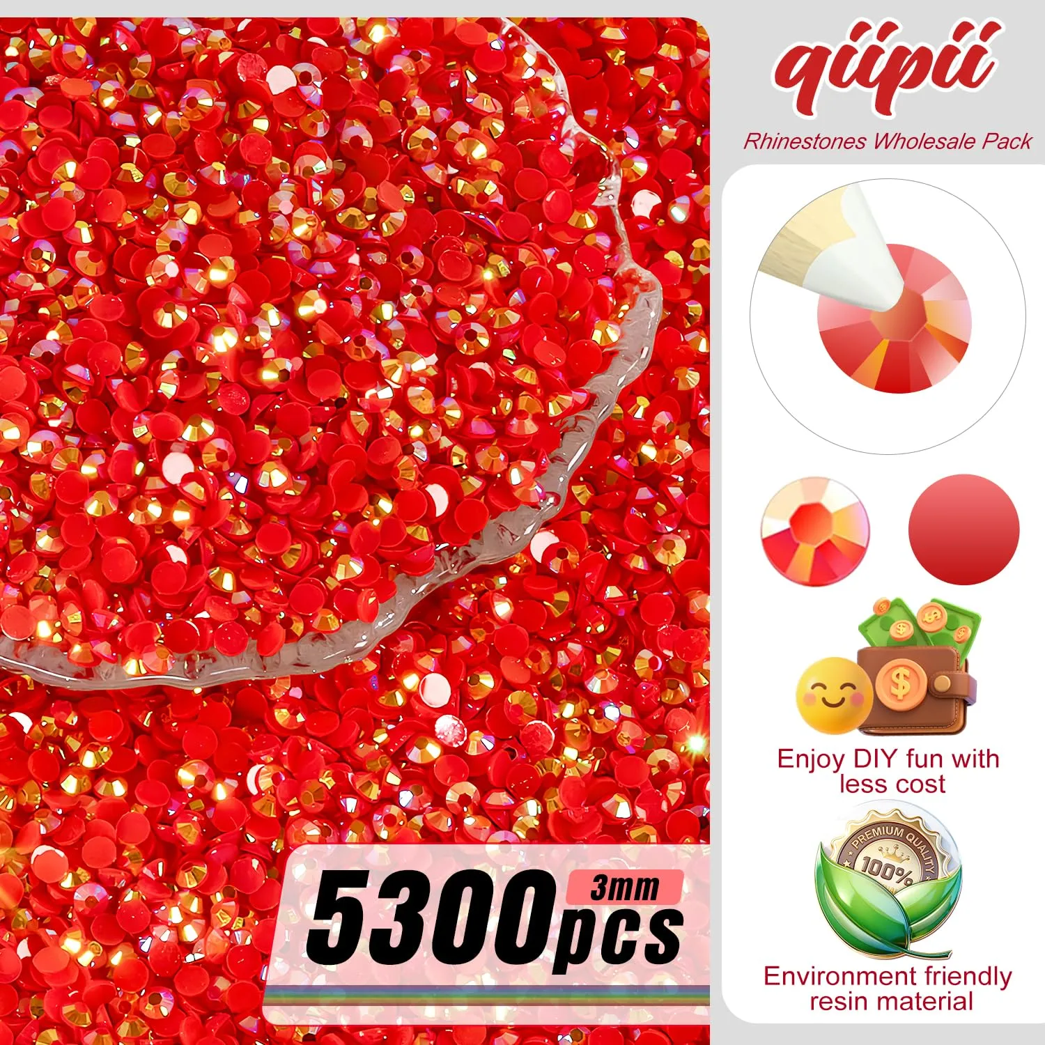 qiipii 5300PCS 3mm Red AB Resin Rhinestones Bulk Dark Red AB Flatback Jelly Resin Stones Pack SS10 Non-Hotfix Diamonds Crystals Gems Charms for Nails Face Eyes Makeup Mugs Tumblers DIY Crafts Shoes