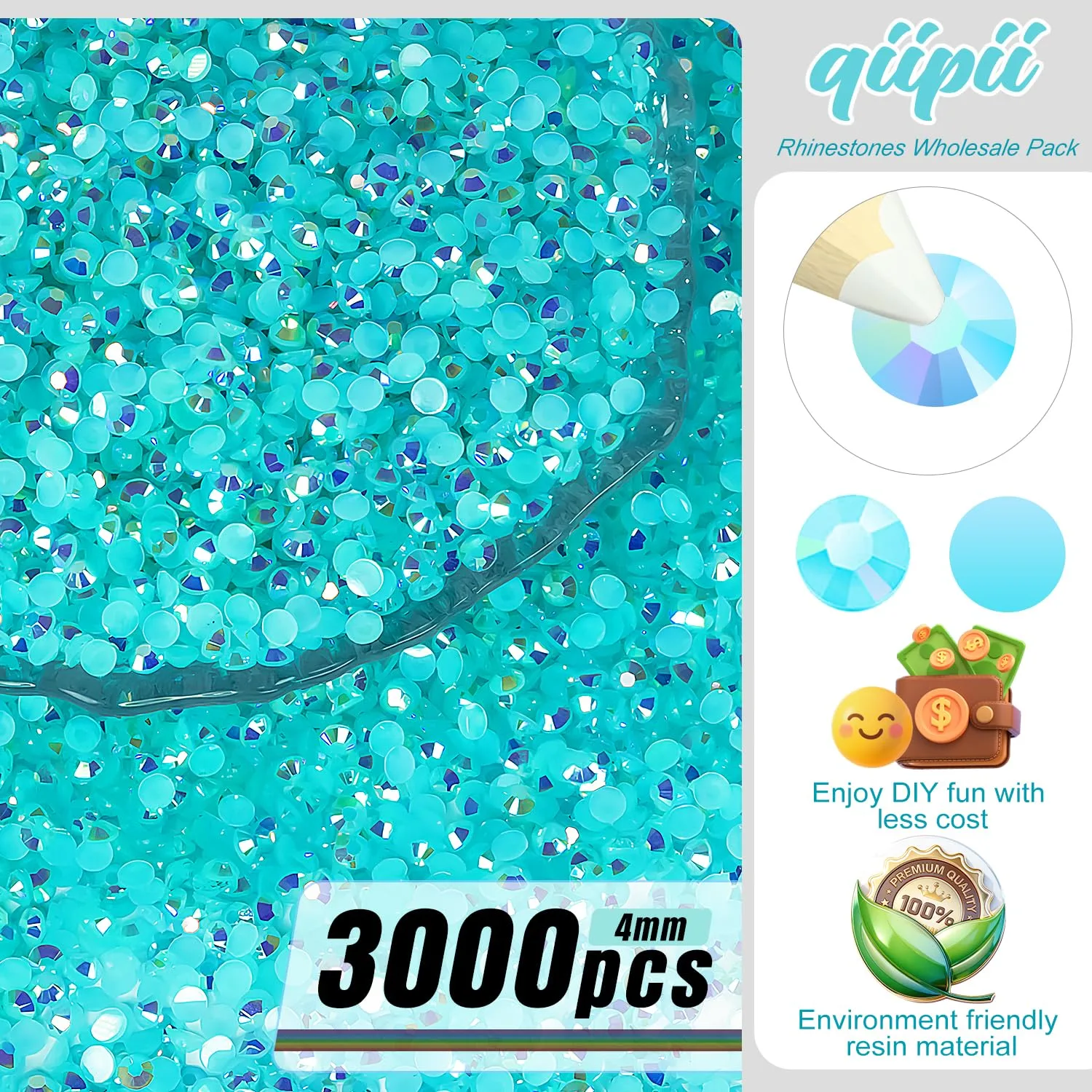 qiipii 3000PCS 4mm Aquamarine AB Resin Rhinestones Lake Blue Flatback Jelly Stones Bulk SS16 Water Blue Diamonds Gems Charms Supplies for Nails Face Eyes Makeup Body Tumblers DIY Crafts Clothes Shoes