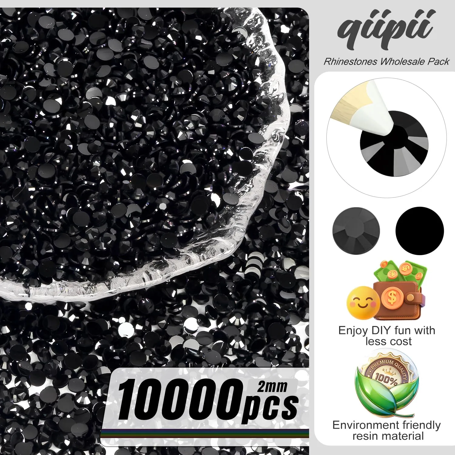 qiipii 10000PCS 2mm Black Resin Rhinestones for Crafting Pure Black Flat Back Jelly Stones Bulk SS6 Non-Hotfix Dark Black Diamonds Gems Charms for Nails Face Eyes Makeup Tumblers Bottles DIY Crafts
