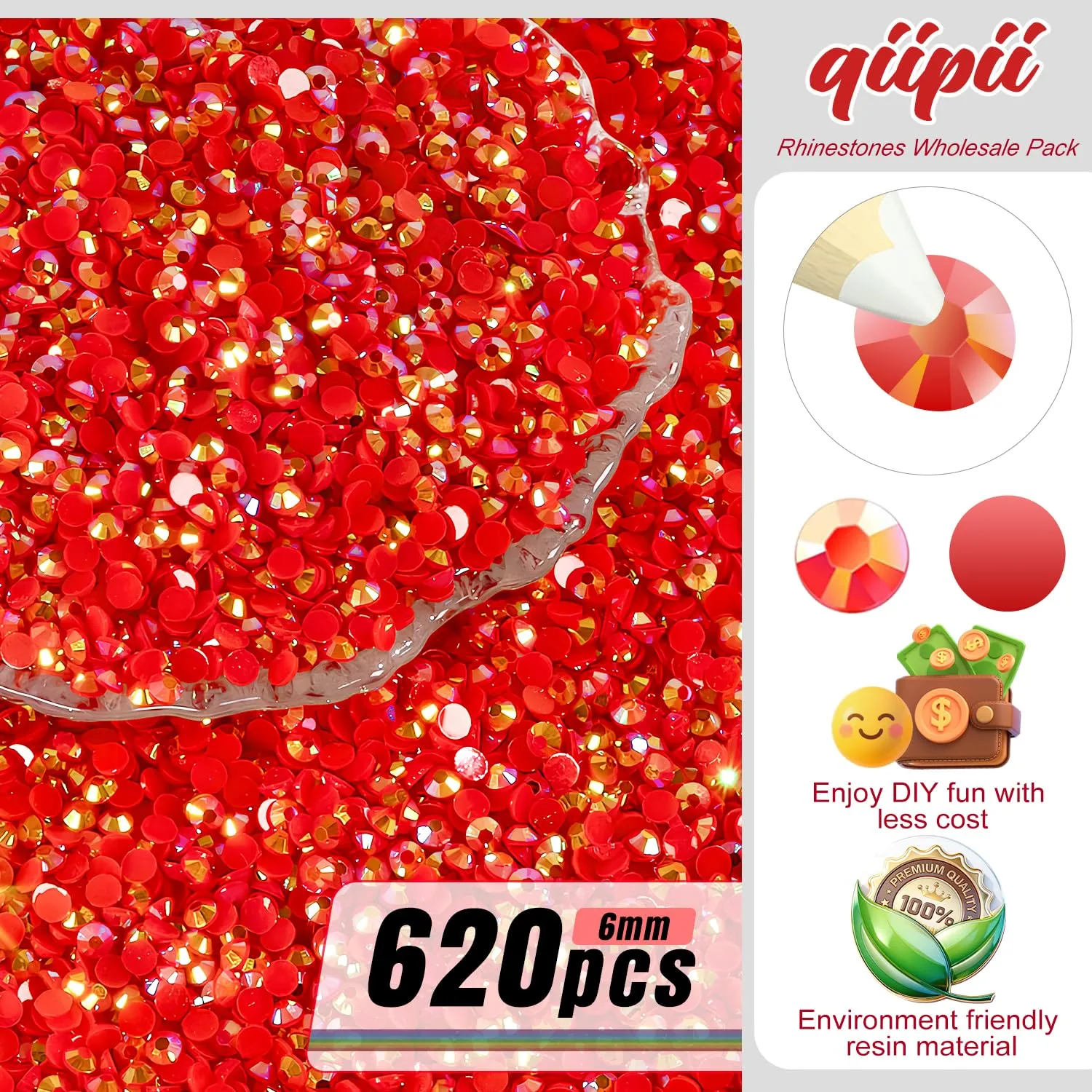 qiipii 620PCS 6mm Red AB Resin Rhinestones Dark Red Flatback Jelly Resin Stones Bulk SS30 Non-Hotfix Diamonds Gems Charms for Nails Face Eyes Makeup Body Mugs Tumblers Bottles DIY Crafts Decoration