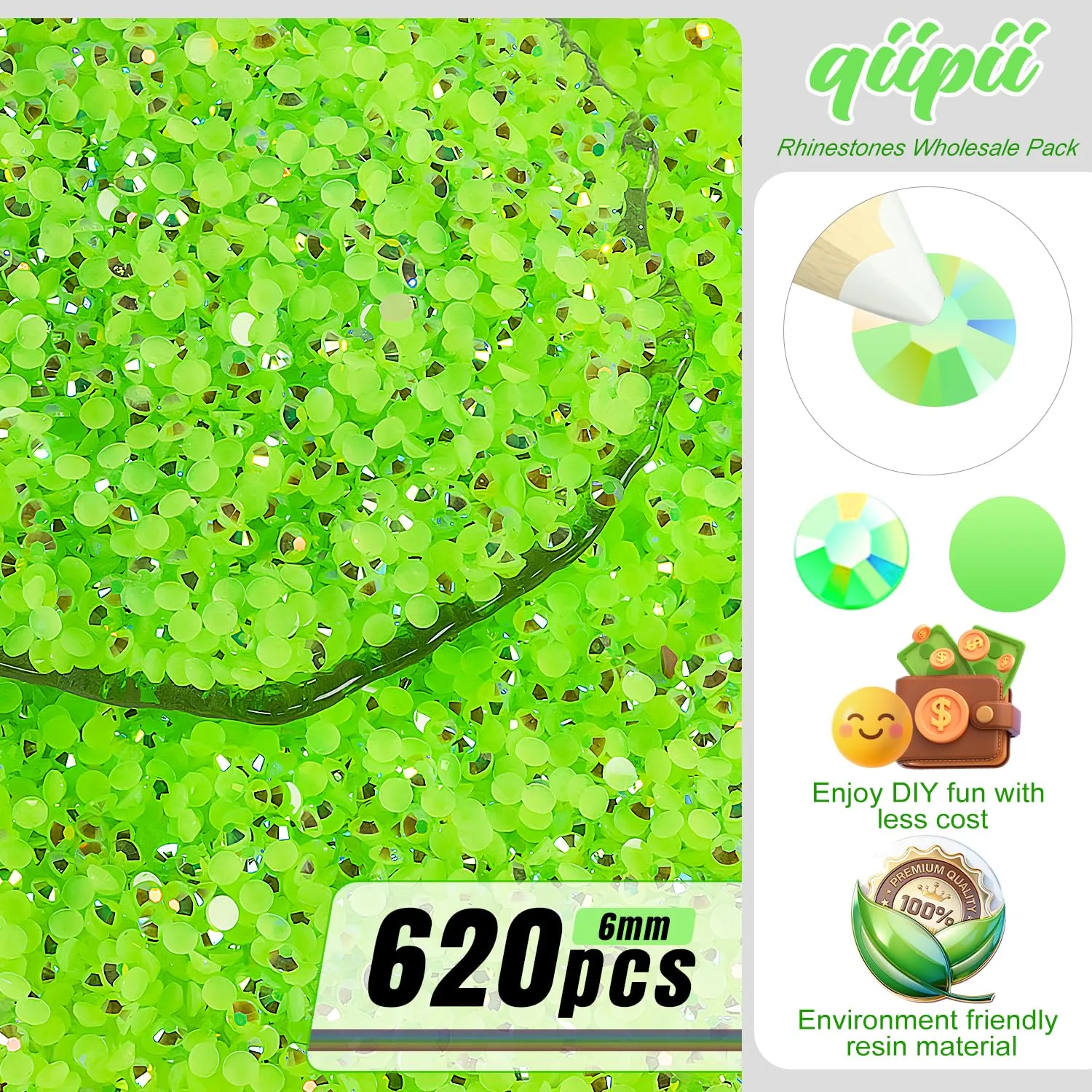 qiipii 620PCS 6mm Fresh Green AB Resin Rhinestones for Crafting Peridot Green AB Flatback Jelly Resin Stones Bulk SS30 Diamonds Gems Charms for Nails Face Eye Makeup Tumblers Bottles DIY Crafts Shoes