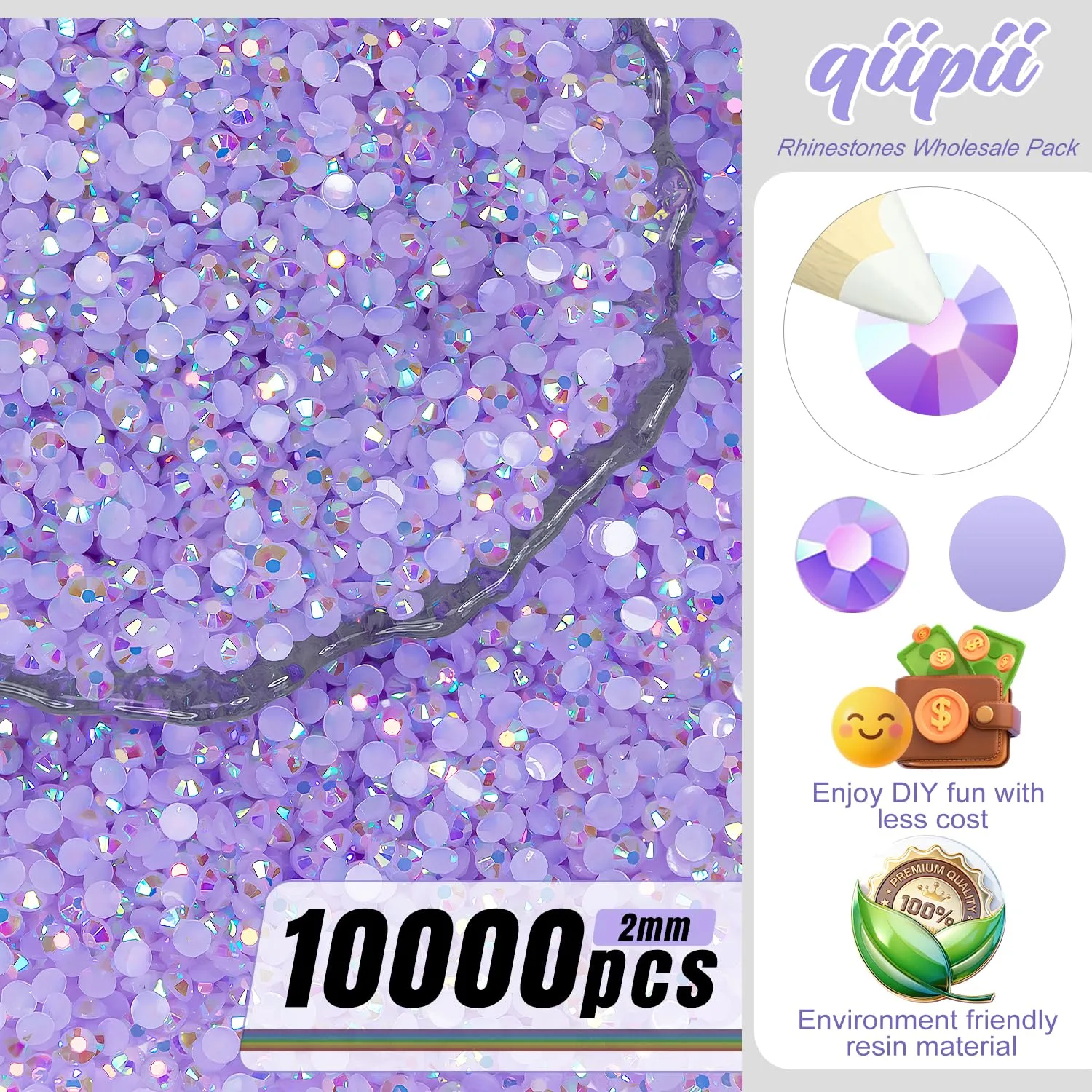 qiipii 10000PCS 2mm Light Purple AB Resin Rhinestones Bulk SS6 Flatback Jelly Stones Pack Diamonds Crystals Gems Charms for Nails Face Eyes Makeup Body Tumblers Bottles DIY Crafts Decor Shoes Clothes