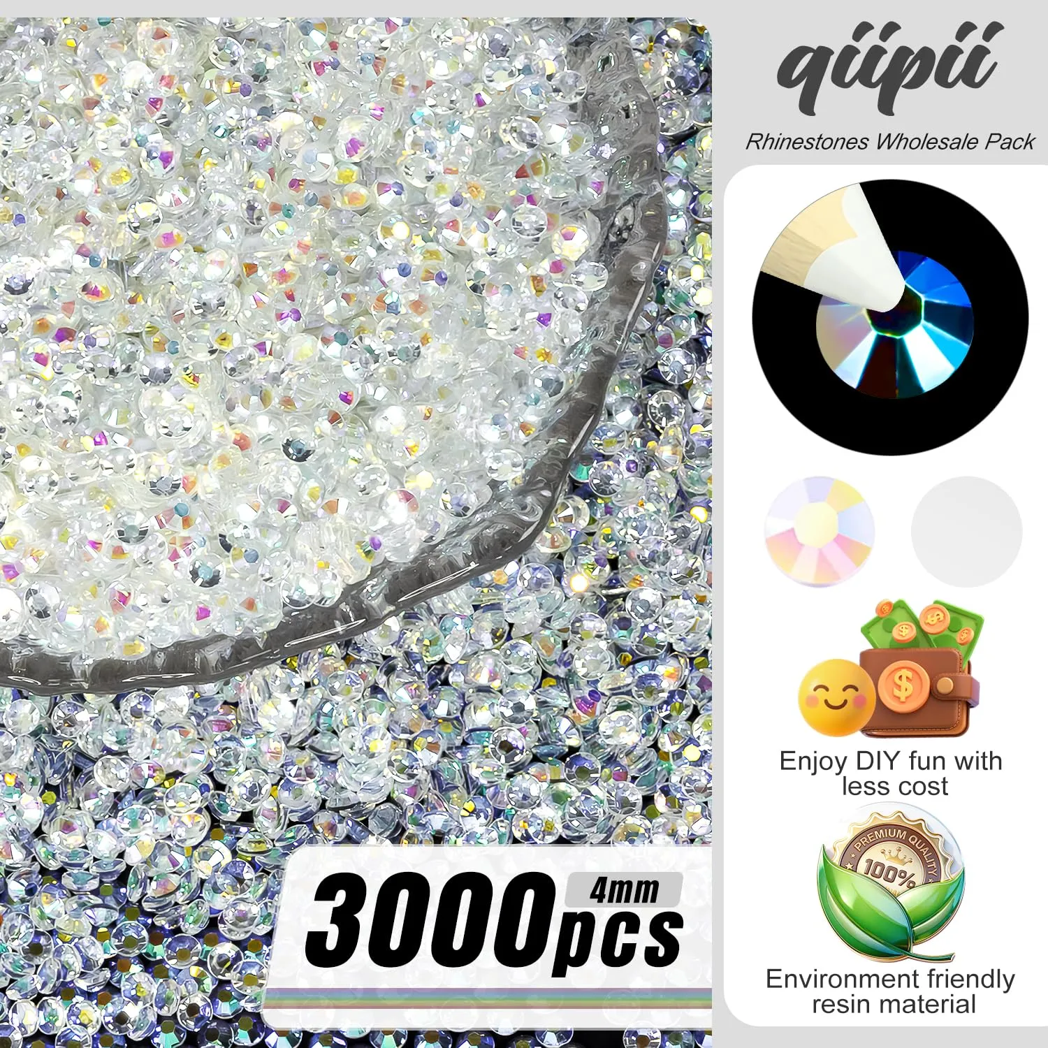 qiipii 3000PCS 4mm Transparent White Ab Resin Rhinestones for Crafting Flatback Jelly Stones Bulk SS16 Clear AB Diamonds Gems Charms for Nails Face Eyes Makeup Tumblers Bottles DIY Crafts Clothes