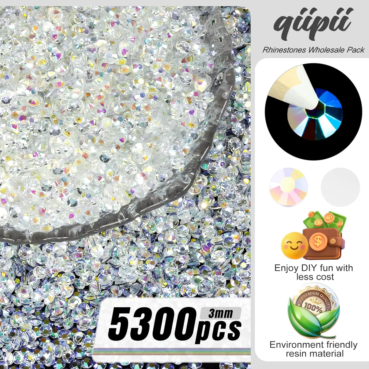 qiipii 5300PCS 3mm Clear White AB Resin Rhinestones for Bedazzling Crafting SS10 Flatback Jelly Stones Bulk Transparent AB Diamonds Gems for Nails Face Eye Makeup Tumblers Bottles Crafts Shoes Phones
