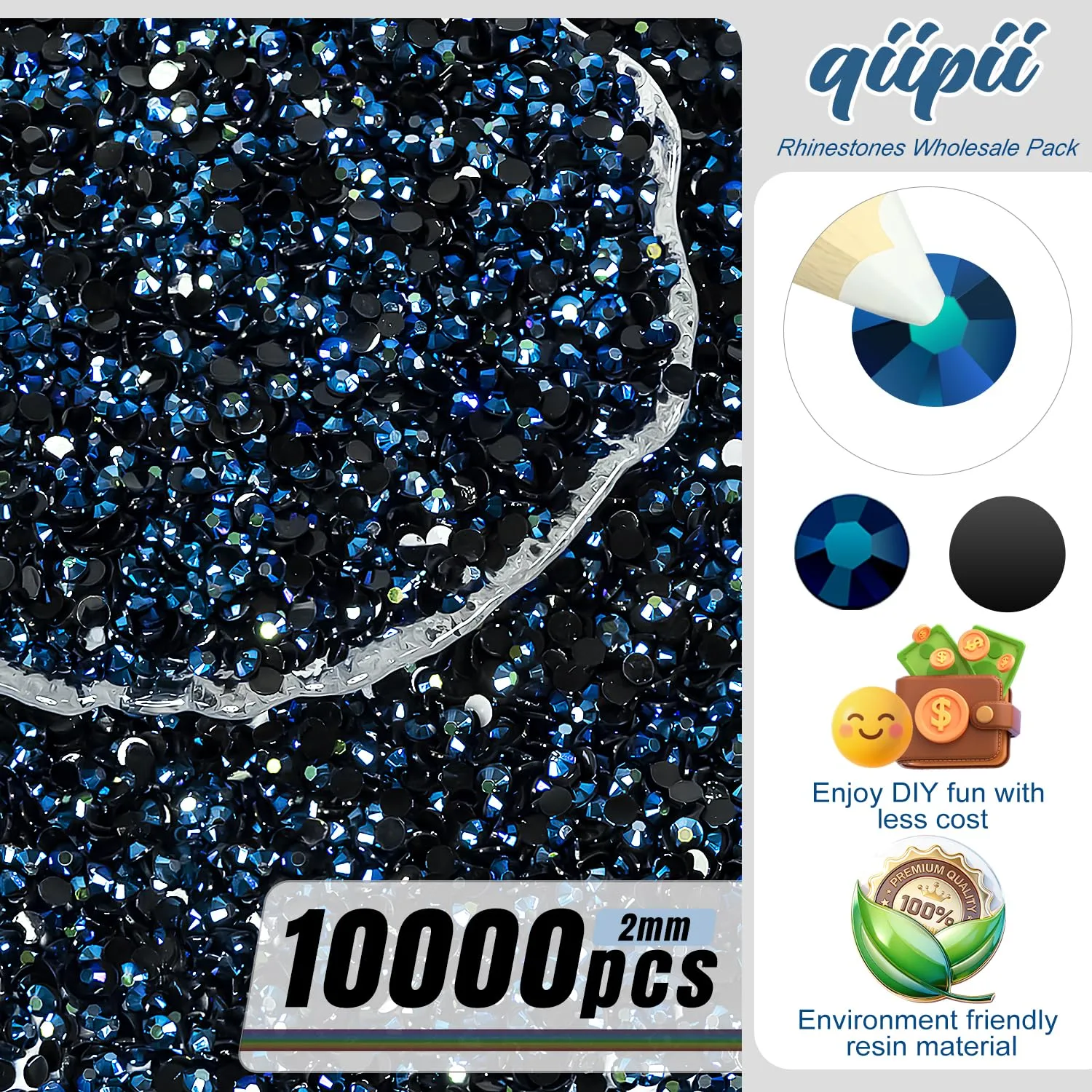 qiipii 10000PCS 2mm Ink Blue Resin Rhinestones for Crafting SS6 Navy Blue Flatback Jelly Resin Stones Bulk Non-Hotfix Diamonds Gems for Nails Face Eyes Makeup Tumblers Bottles DIY Crafts Decor Clothes