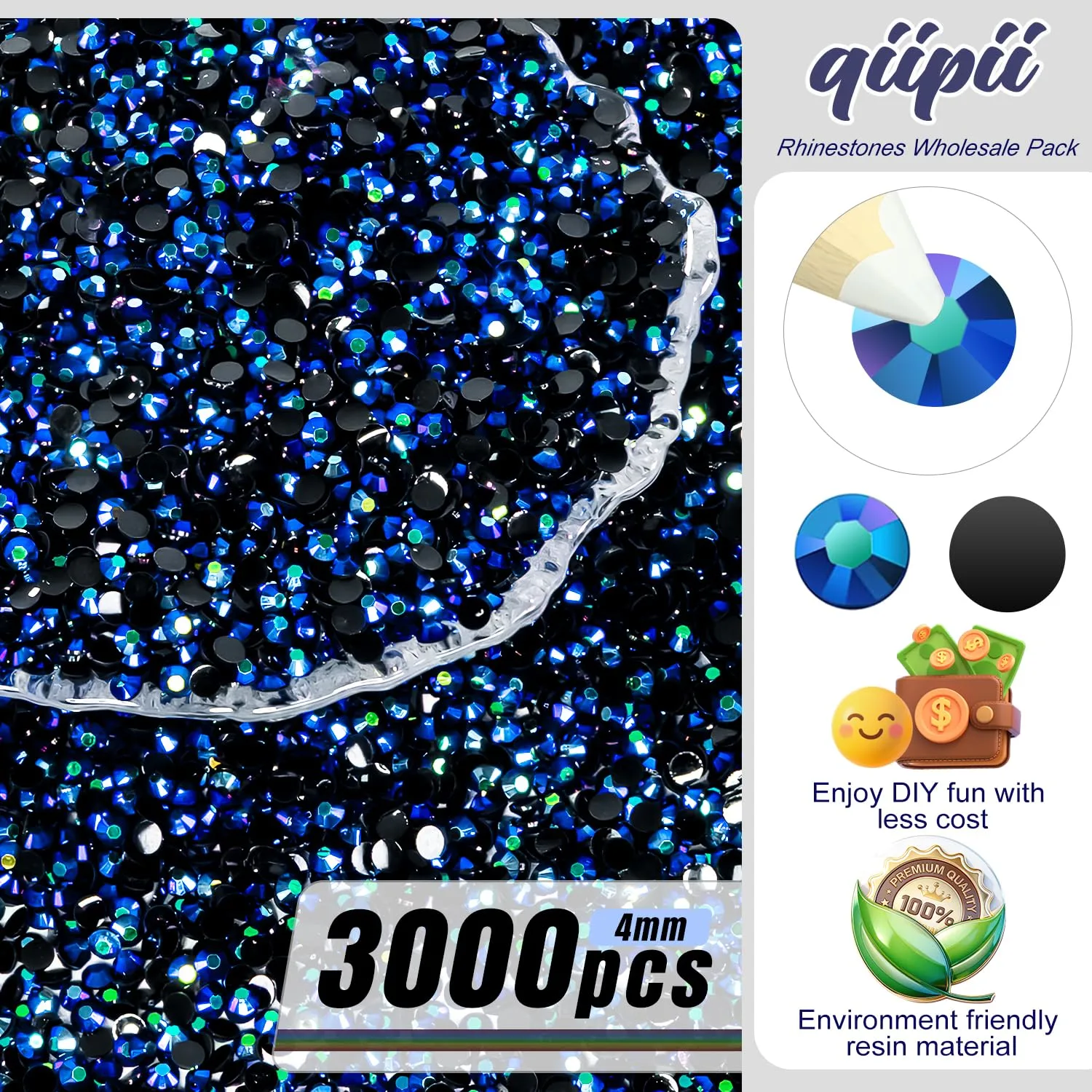 qiipii 3000PCS 4mm Sapphire Blue AB Resin Rhinestones for Crafting Dark Blue Flatback Jelly Resin Stones Bulk SS16 Non-Hotfix Black Blue Diamonds Gems for Nails Face Makeup Tumblers DIY Crafts Shoes
