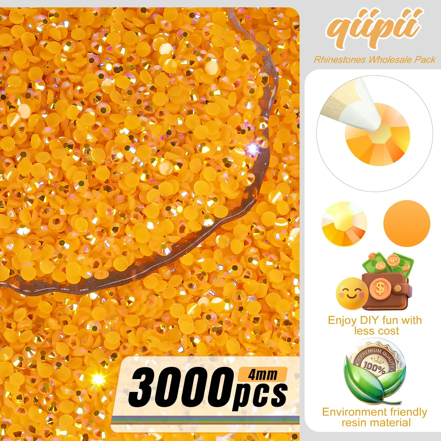 qiipii 3000PCS 4mm Orange AB Resin Rhinestones for Crafting SS16 Tangerine Orange Jelly Flatback Stones Bulk Diamonds Gems Charms for Nails Face Eyes Makeup Tumblers DIY Crafts Clothes Shoes Phones
