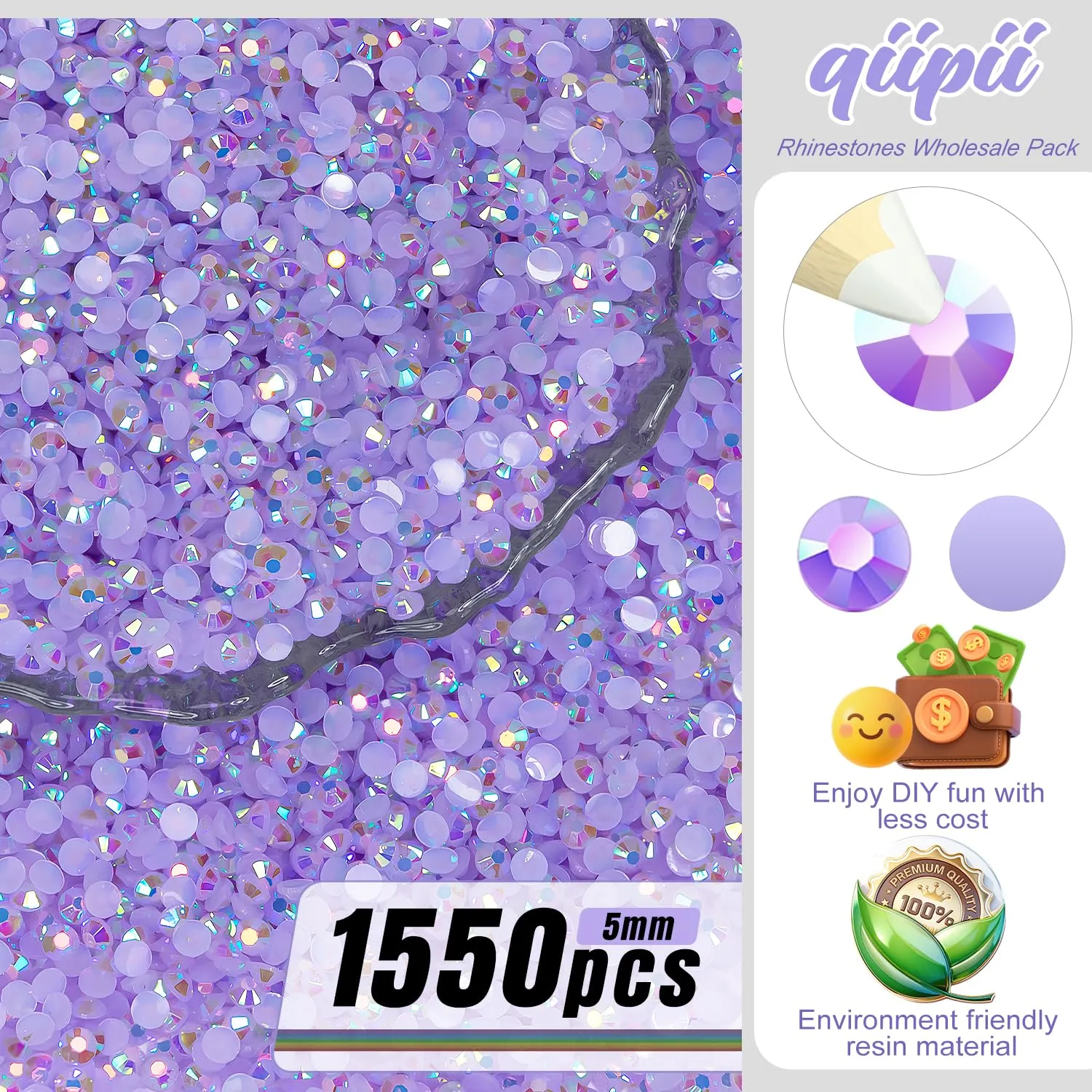 qiipii 1550PCS 5mm Purple AB Resin Rhinestones Light Purple AB Flatback Jelly Resin Stones Bulk SS20 Non-Hotfix Diamonds Gems Charms for Nails Face Eyes Makeup Mugs Tumblers Bottles DIY Crafts Decor