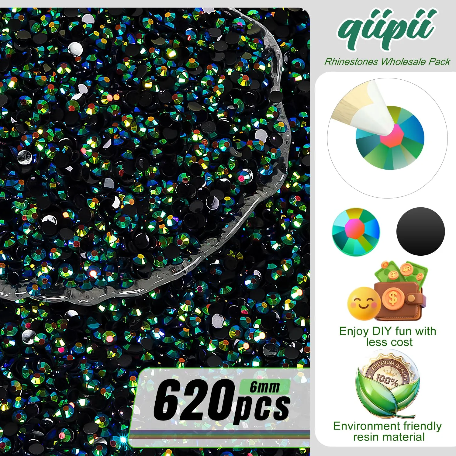 qiipii 620PCS 6mm Peacok AB Resin Rhinestones for Crafting Dark Green Flatback Jelly Resin Stones Bulk SS30 Non-Hotfix Black Green Diamonds Gems for Nails Face Eyes Makeup Tumblers DIY Crafts Decor