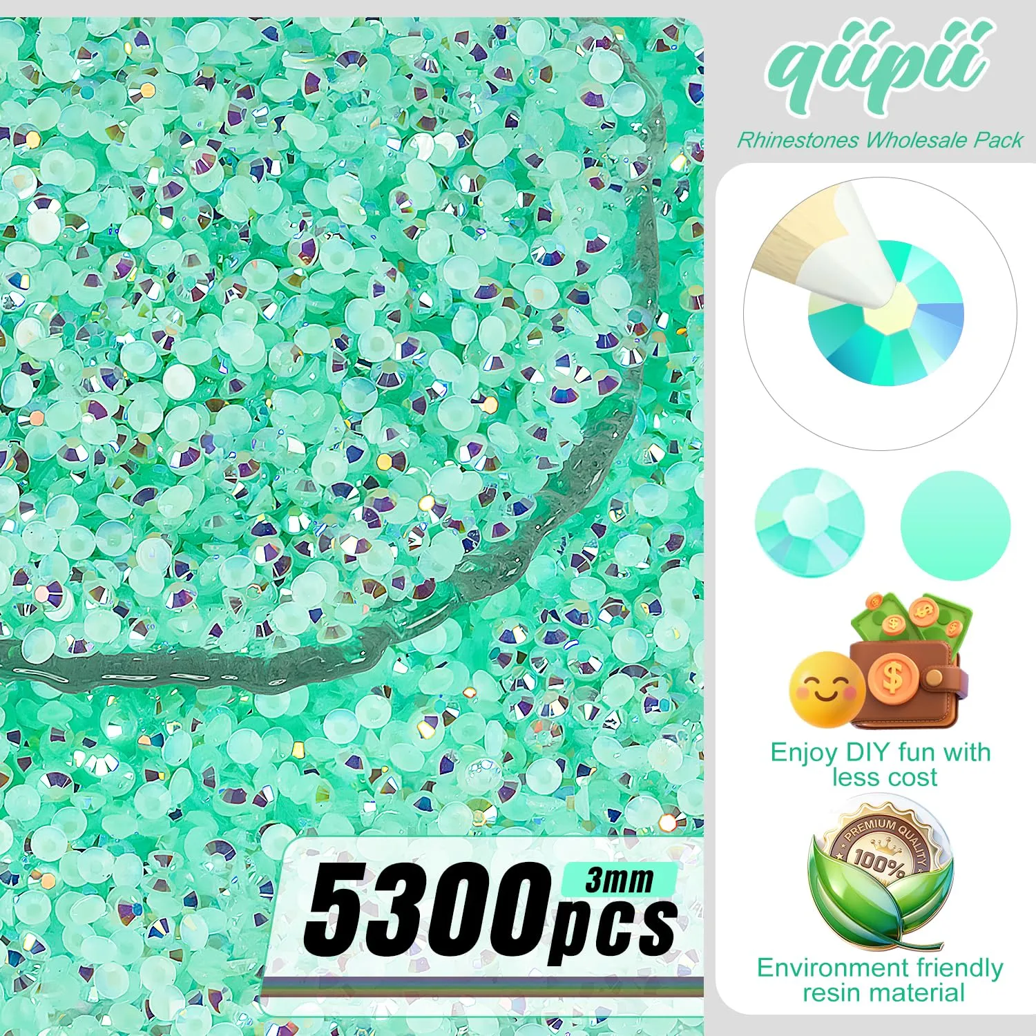 qiipii 5300PCS 3mm Aquamarine Green AB Resin Rhinestones Bulk Water Green Flatback Jelly Stones SS10 Non-Hotfix Diamonds Crystals Gems Charms for Nails Face Eyes Makeup Body Tumblers DIY Crafts Shoes
