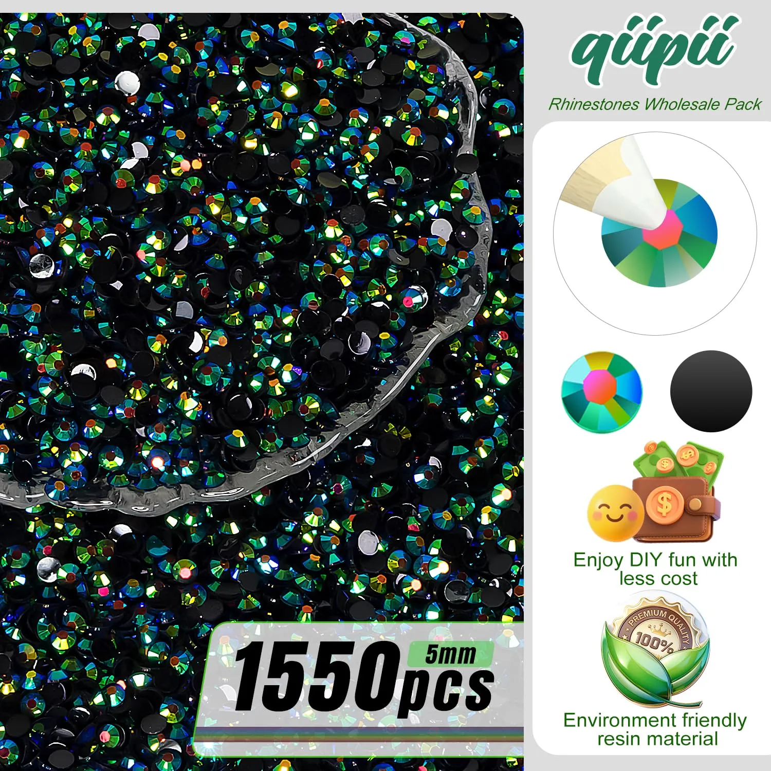 qiipii 1550PCS 5mm Peacok AB Resin Rhinestones for Crafting Dark Green Flatback Jelly Resin Stones Bulk SS20 Non-Hotfix Black Green Diamonds Gems for Nails Face Eyes Makeup Tumblers DIY Crafts Decor