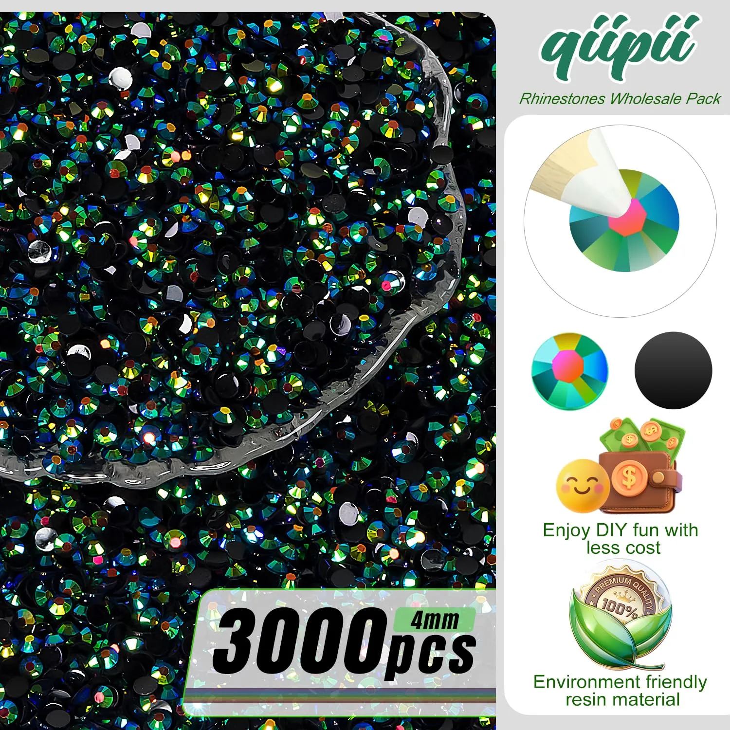 qiipii 3000PCS 4mm Peacok AB Resin Rhinestones for Crafting Dark Green Flatback Jelly Resin Stones Bulk SS16 Non-Hotfix Black Green Diamonds Gems for Nails Face Eyes Makeup Tumblers DIY Crafts Shoes