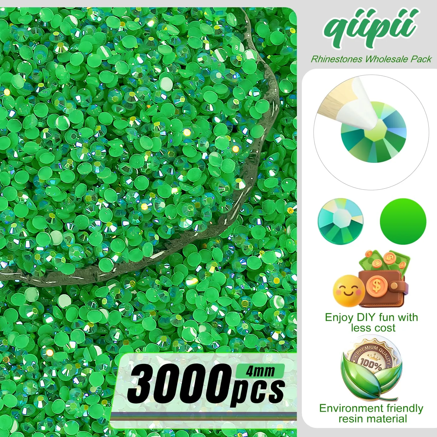 qiipii 3000PCS 4mm Emerald Green AB Resin Rhinestones for Crafting Dark Green Flatback Jelly Stones Bulk SS16 Non-Hotfix Diamonds Gems for Nails Face Eyes Makeup Tumblers Mugs DIY Crafts Decor Clothes