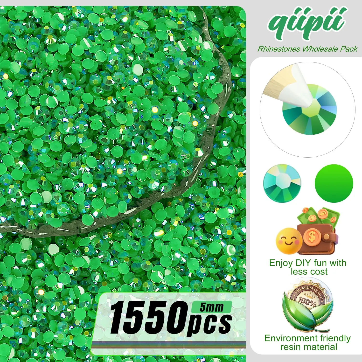qiipii 1550PCS 5mm Emerald Green AB Resin Rhinestones for Crafting Dark Green AB Flatback Jelly Resin Stones Bulk SS20 Diamonds Gems Charms for Nails Face Eyes Makeup Tumblers Bottles DIY Crafts Shoes