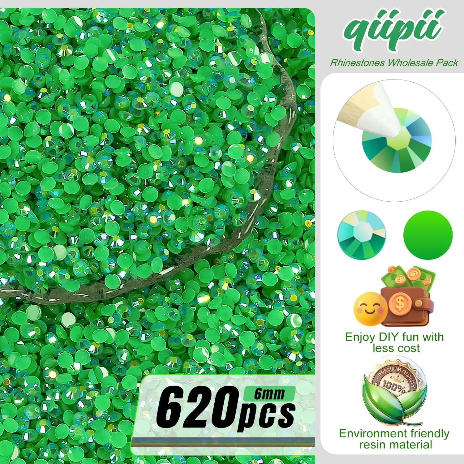 qiipii 620PCS 6mm Emerald Green AB Resin Rhinestones for Crafting Dark Green AB Flatback Jelly Resin Stones Bulk SS30 Diamonds Gems for Nails Face Eyes Makeup Tumblers Bottles DIY Crafts Shoes Clothes