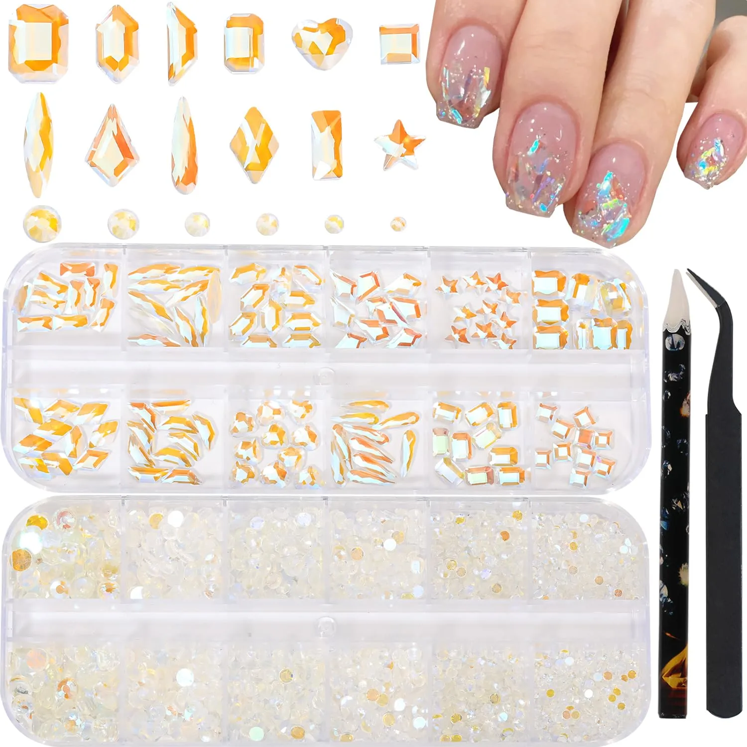 Nail Rhinestones - 3D Multi Shape Size Crystal, Crystal Aurora Nail Gems, Flat Back, with Kit, for Nail Art, DIY Decorations