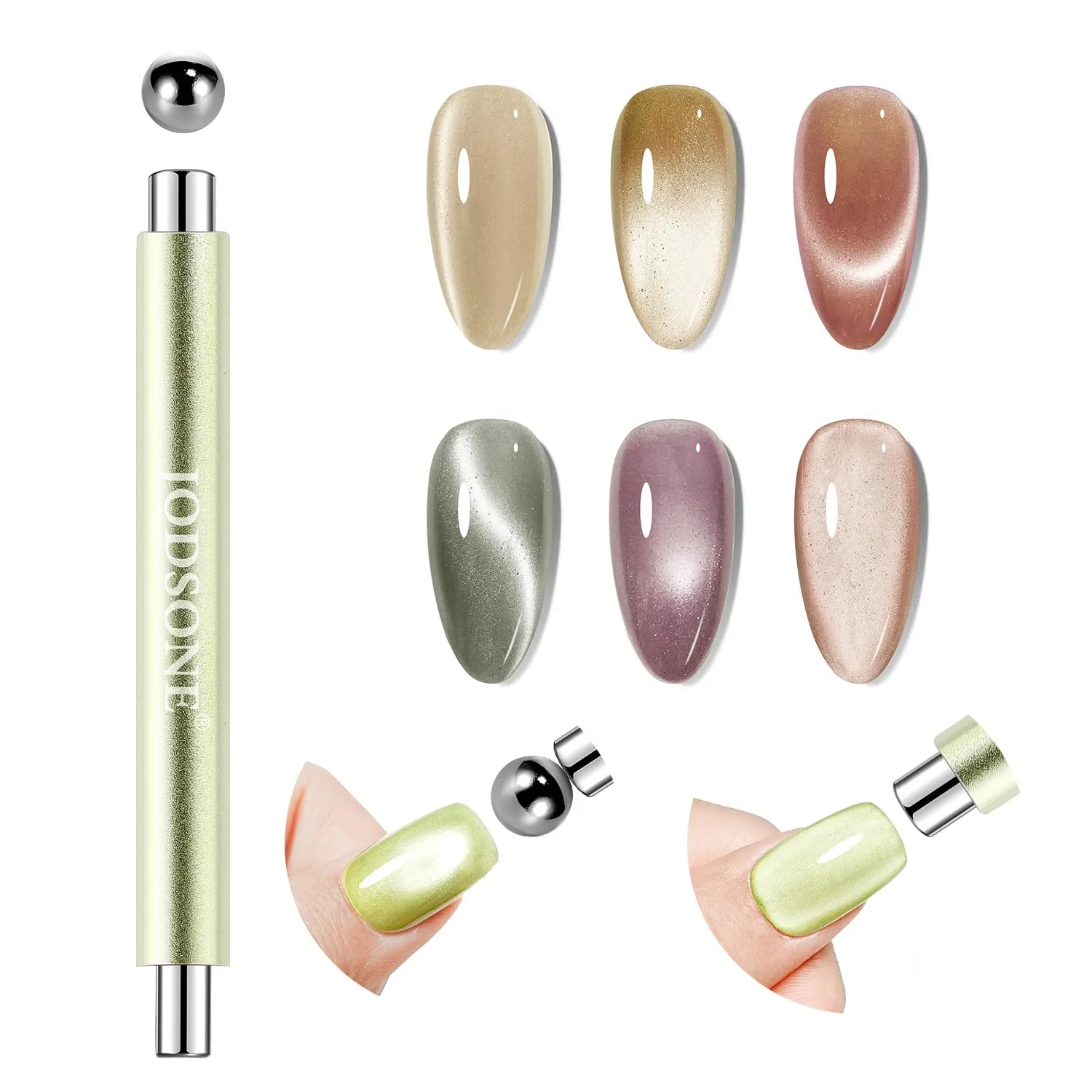JODSONE 3-in-1 Cat Eye Magnet Nail Art Tool,Green Cylindrical & Round Ball Nail Magnet Pens, Multi-Effect Magnets for Cat Eye Gel Polish DIY at Home Salon