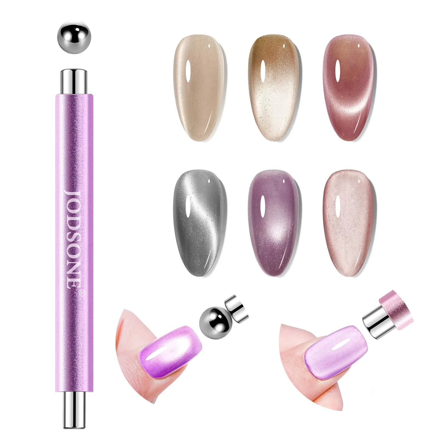 JODSONE 3-in-1 Cat Eye Magnet Nail Art Tool,Purple Cylindrical & Round Ball Nail Magnet Pens, Multi-Effect Magnets for Cat Eye Gel Polish DIY at Home Salon