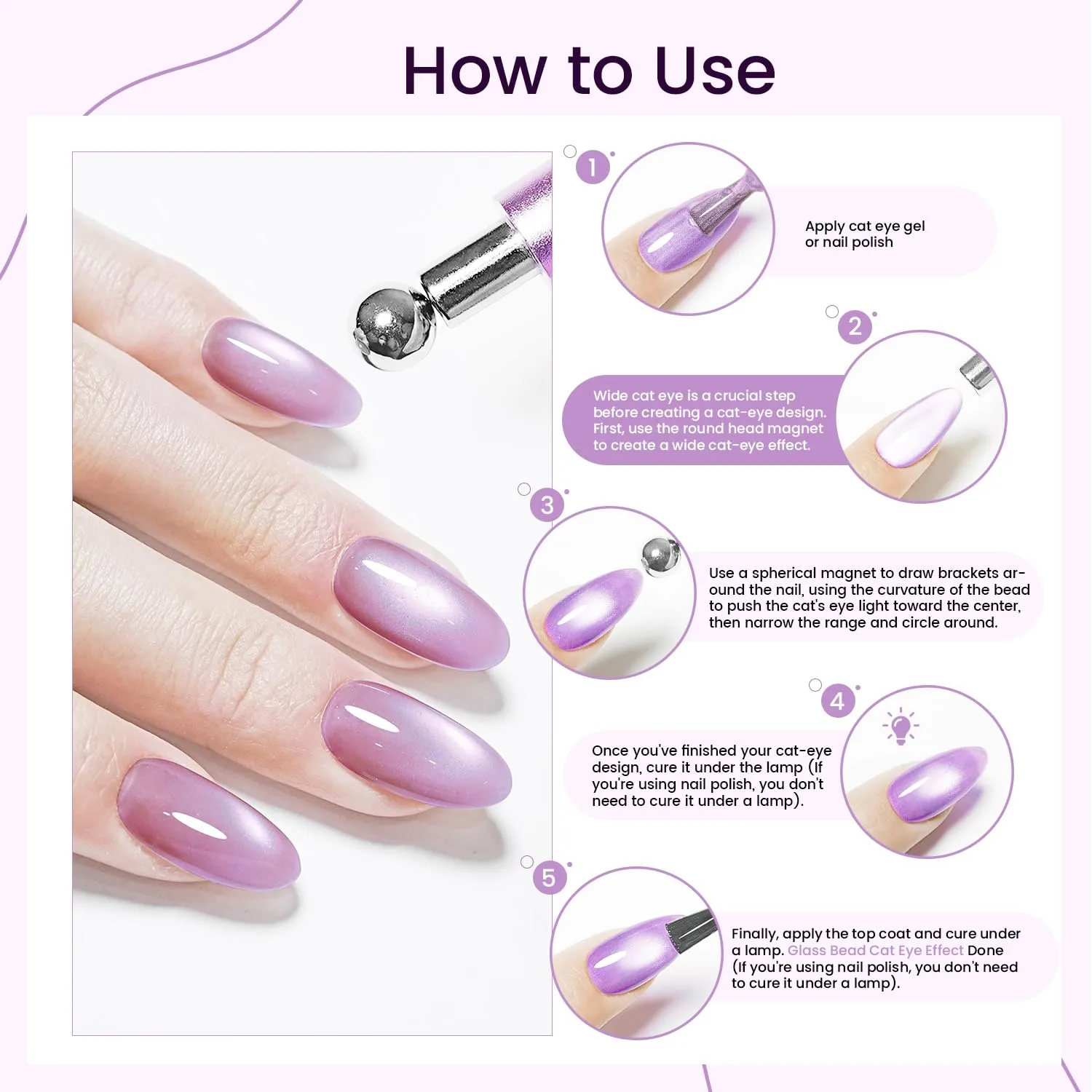JODSONE 3-in-1 Cat Eye Magnet Nail Art Tool,Purple Cylindrical & Round Ball Nail Magnet Pens, Multi-Effect Magnets for Cat Eye Gel Polish DIY at Home Salon