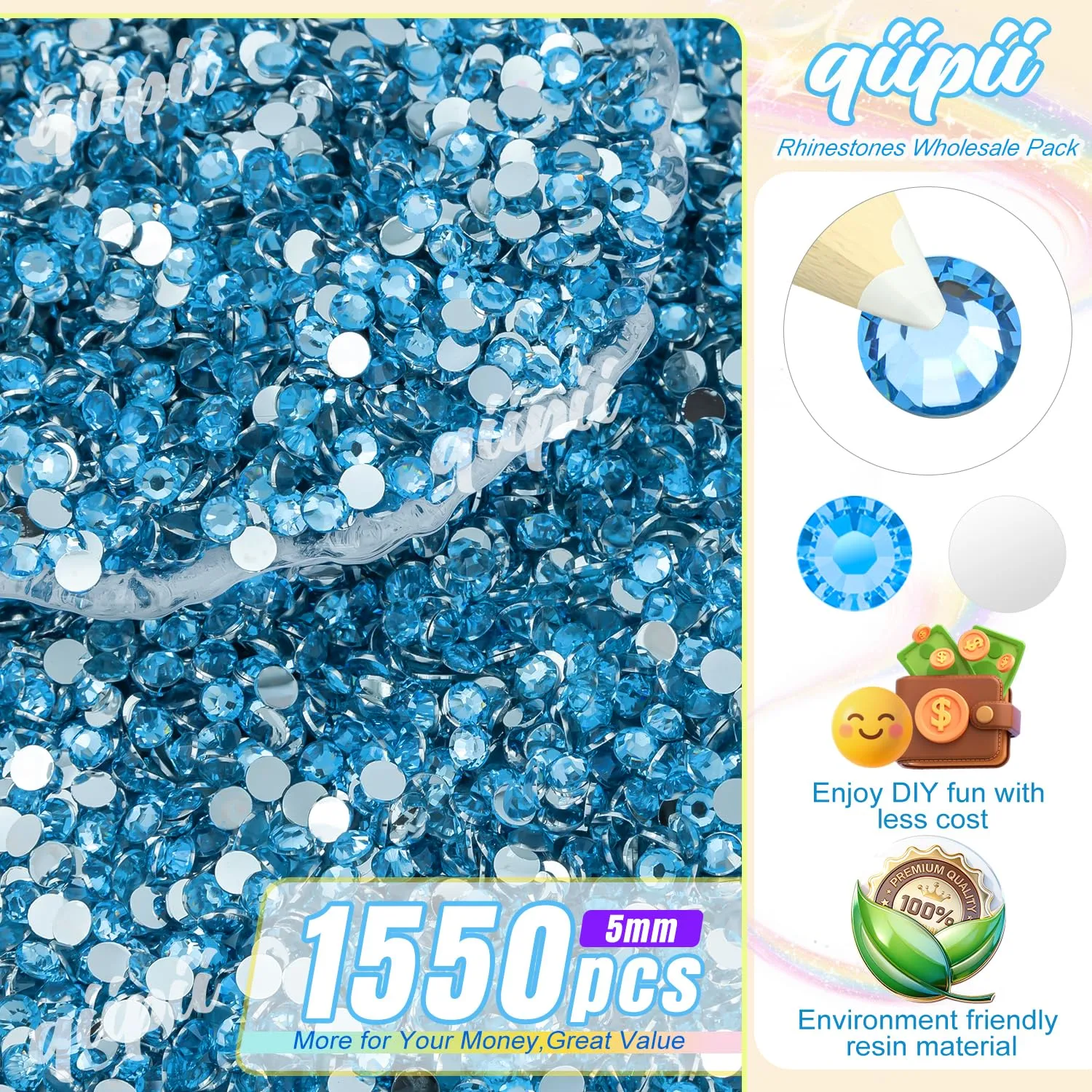 qiipii 1550PCS 5mm Crystal Classic Jean Blue Resin Rhinestones for Crafting SS20 Medium Blue Flatback Stones Bulk Diamonds Crystals Gems for Nails Face Eyes Makeup Tumblers Bottles DIY Crafts Shoes
