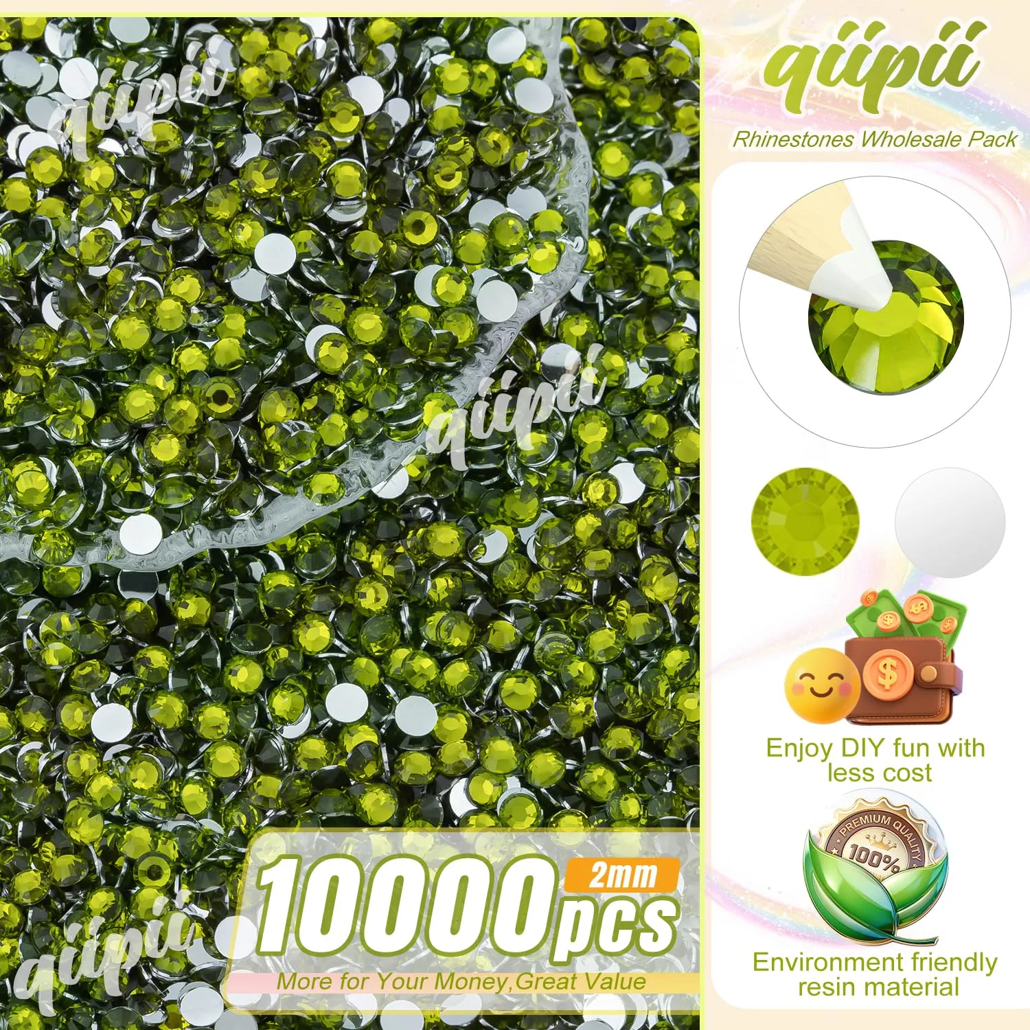 qiipii 10000PCS 2mm Crystal Olive Green Resin Rhinestones for Crafting SS6 Flatback Stones Bulk Non-Hotfix Diamonds Crystals Gems for Nails Face Eyes Makeup Tumblers Bottles DIY Crafts Clothes Shoes