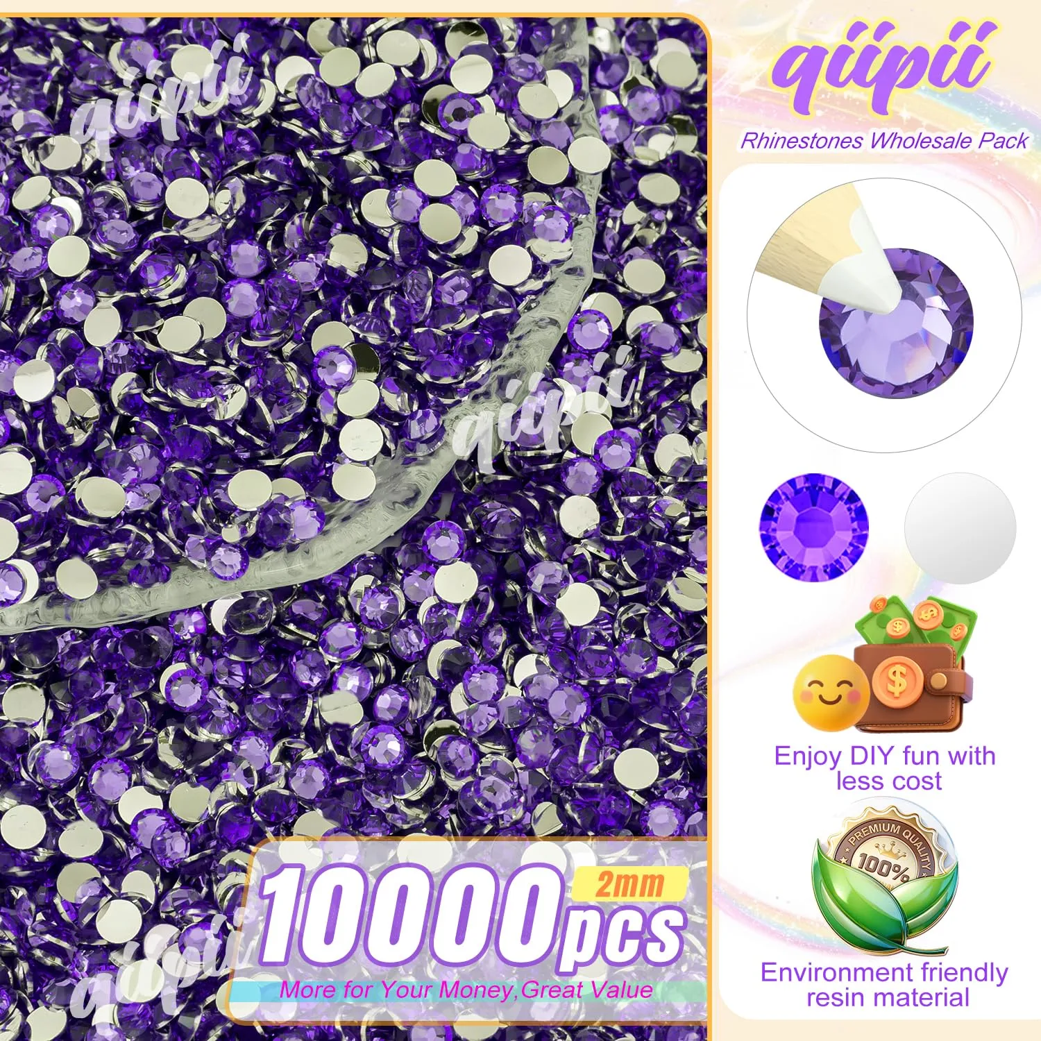 qiipii 10000PCS 2mm Dark Purple Crystal Resin Rhinestones for Crafting SS6 Flatback Deep Purple Stones Bulk Diamonds Crystals Gems Charms for Nails Face Eyes Makeup Tumblers Bottles DIY Crafts Shoes