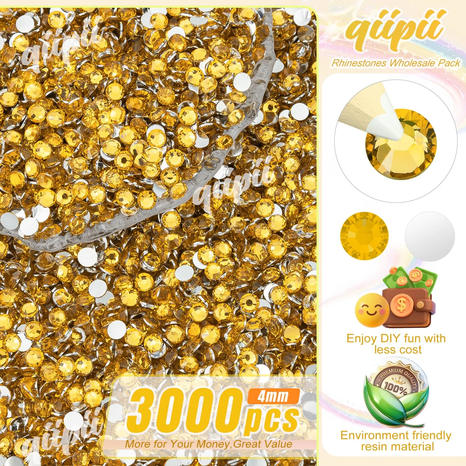 qiipii 3000PCS 4mm Golden Yellow Crystal Resin Rhinestones for Crafting Gold Flatback Stones Bulk SS16 Bright Golden Diamonds Crystals Gems Charms for Nails Face Eyes Makeup Tumblers Bottle DIY Crafts