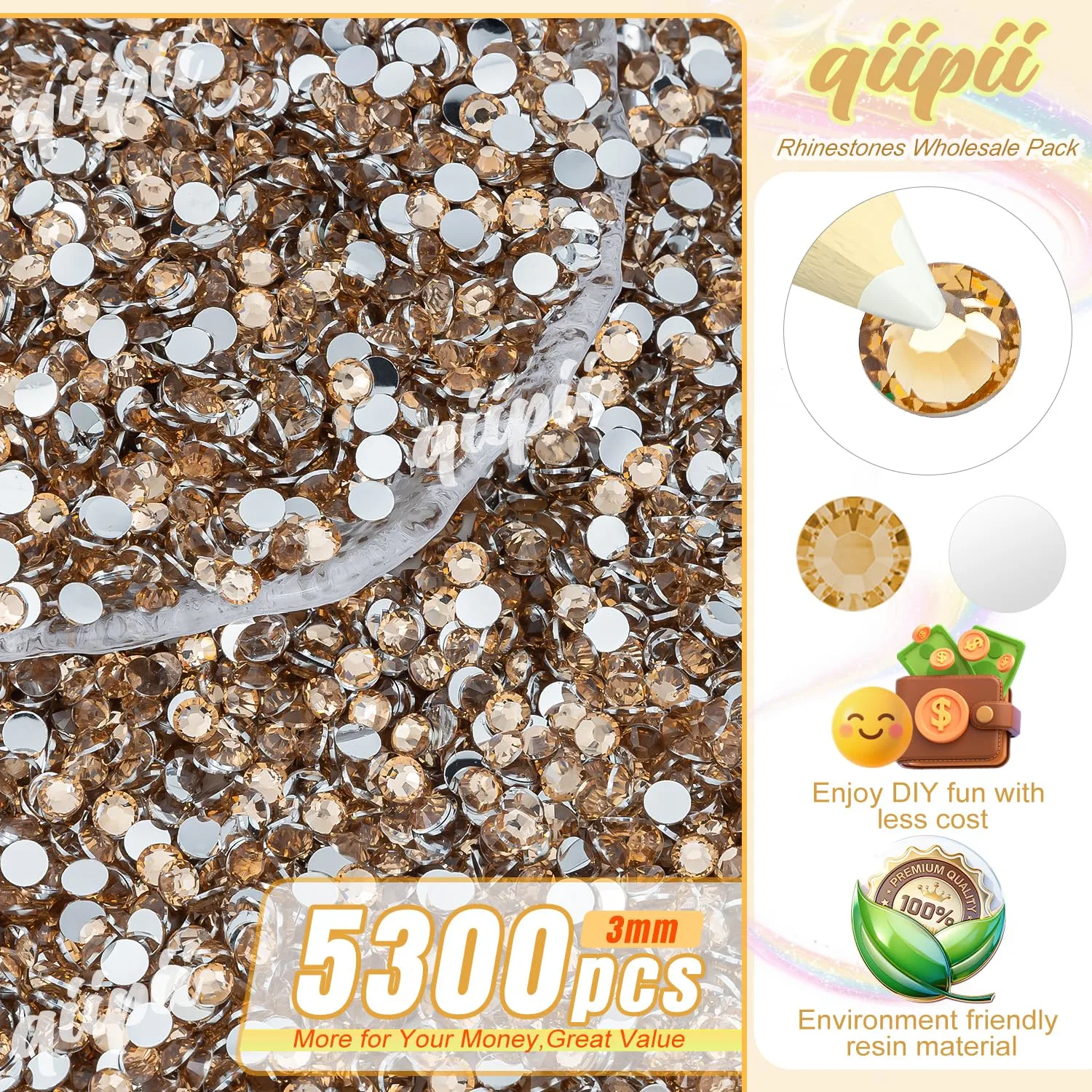 qiipii 5300PCS 3mm Champagne Crystal Resin Rhinestones for Crafting SS10 Flatback Golden Stones Bulk Non-Hotfix Diamonds Crystals Gems for Nails Face Eyes Makeup Tumblers Bottles DIY Crafts Clothes