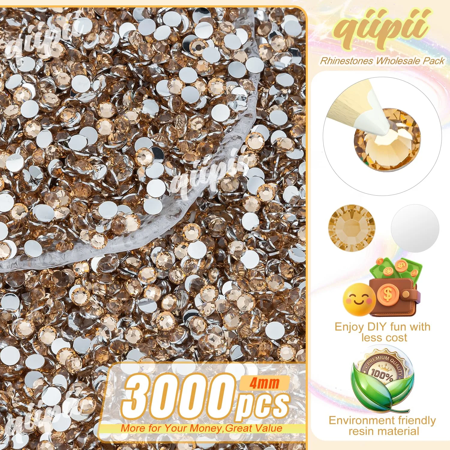 qiipii 3000PCS 4mm Champagne Gold Crystal Resin Rhinestones for Crafting Golden Flatback Rhinestones Bulk SS16 Non-Hotfix Stones Diamonds Crystals Gems for Face Eyes Makeup Tumblers Bottles DIY Crafts
