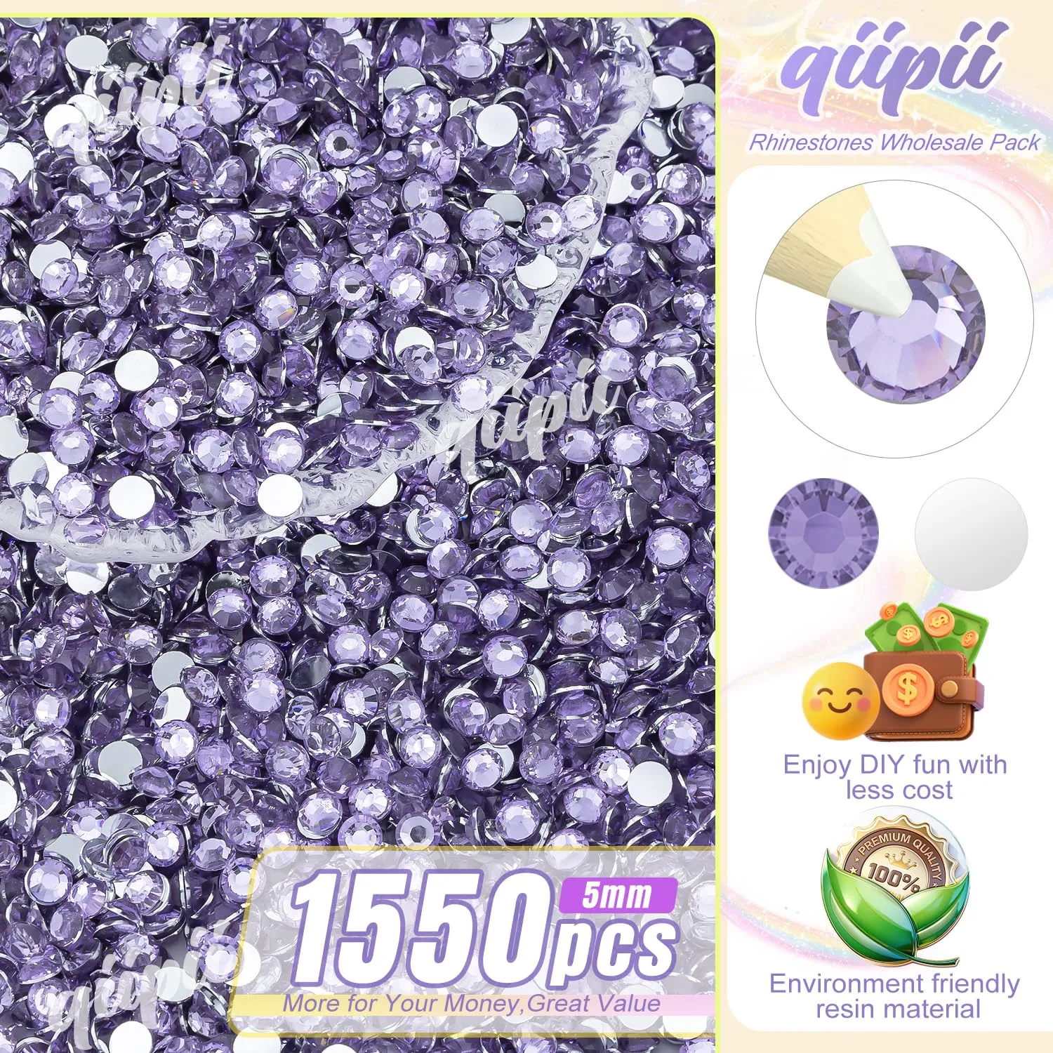 qiipii 1550PCS 5mm Light Purple Violet Crystal Resin Rhinestones for Crafting Light Violet Flatback Stones Bulk SS20 Non-Hotfix Diamonds Crystals Gems for Nails Face Makeup Tumblers Bottles DIY Crafts