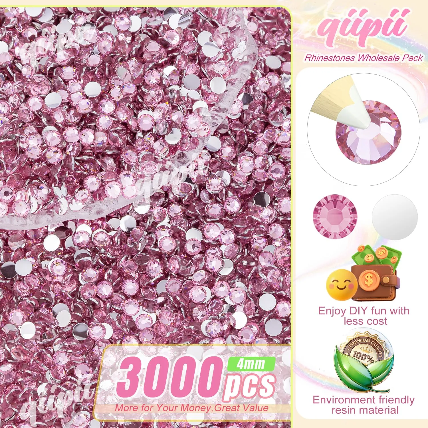 qiipii 3000PCS 4mm Crystal Pink Resin Rhinestones for Crafting Dark Pink Flatback Stones Bulk SS16 Non-Hotfix Diamonds Crystals Gems Charms for Nails Face Eyes Makeup Mugs Tumblers Bottles DIY Crafts