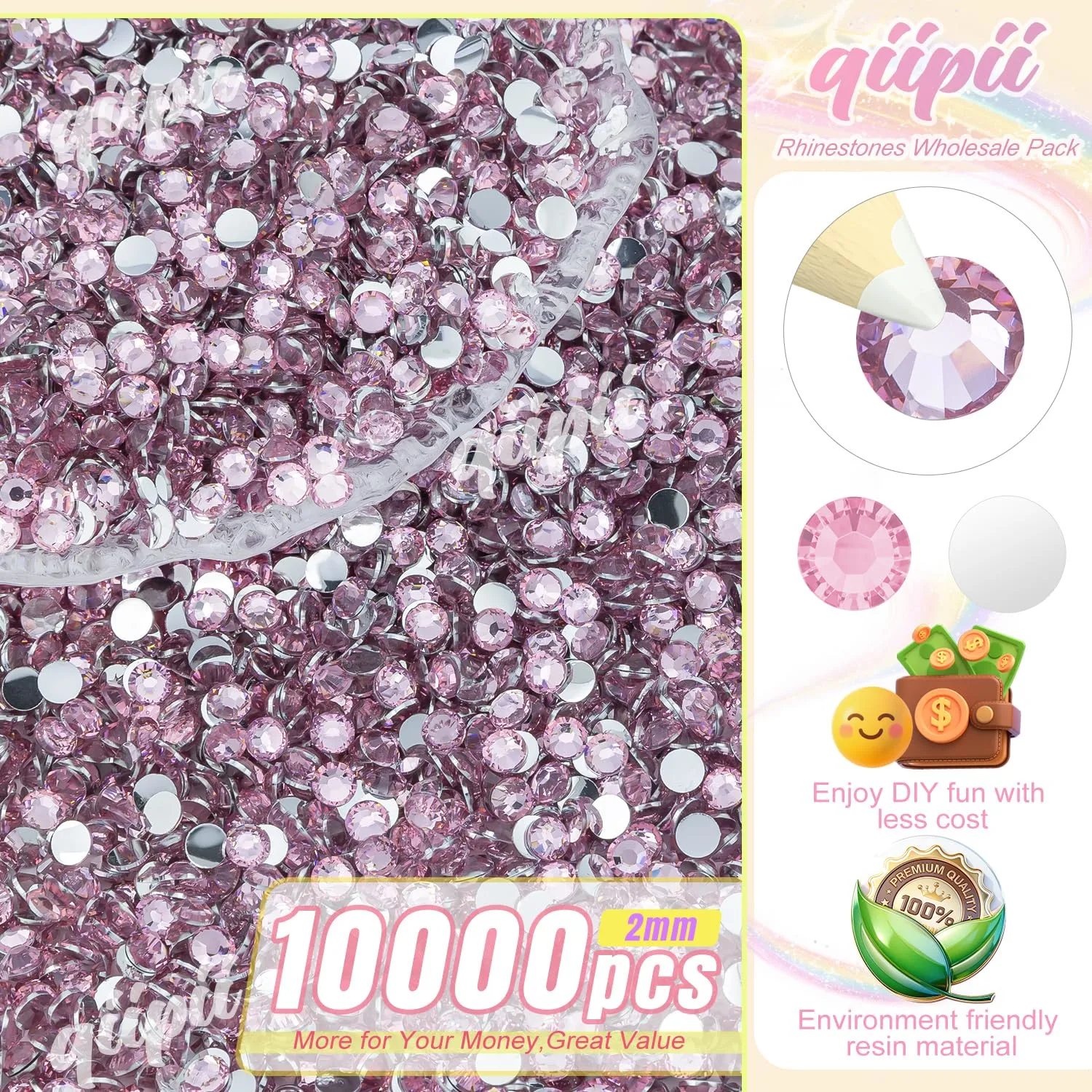 qiipii 10000PCS 2mm Crystal Light Pink Resin Rhinestones for Crafting Flatback Small Stones SS6 Diamonds Crystals Gems Charms Supplies for Nails Face Eyes Makeup Tumblers Bottles Crafts Clothes Shoes