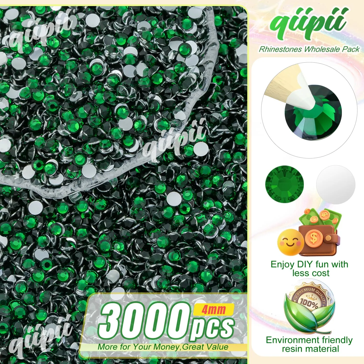 qiipii 3000PCS 4mm Emerald Green Crystal Resin Rhinestones for Bedazzling Crafting Dark Green Flatback Stones Bulk SS16 Diamonds Crystals Gems Charms for Nails Face Eyes Makeup Tumblers Bottles Crafts